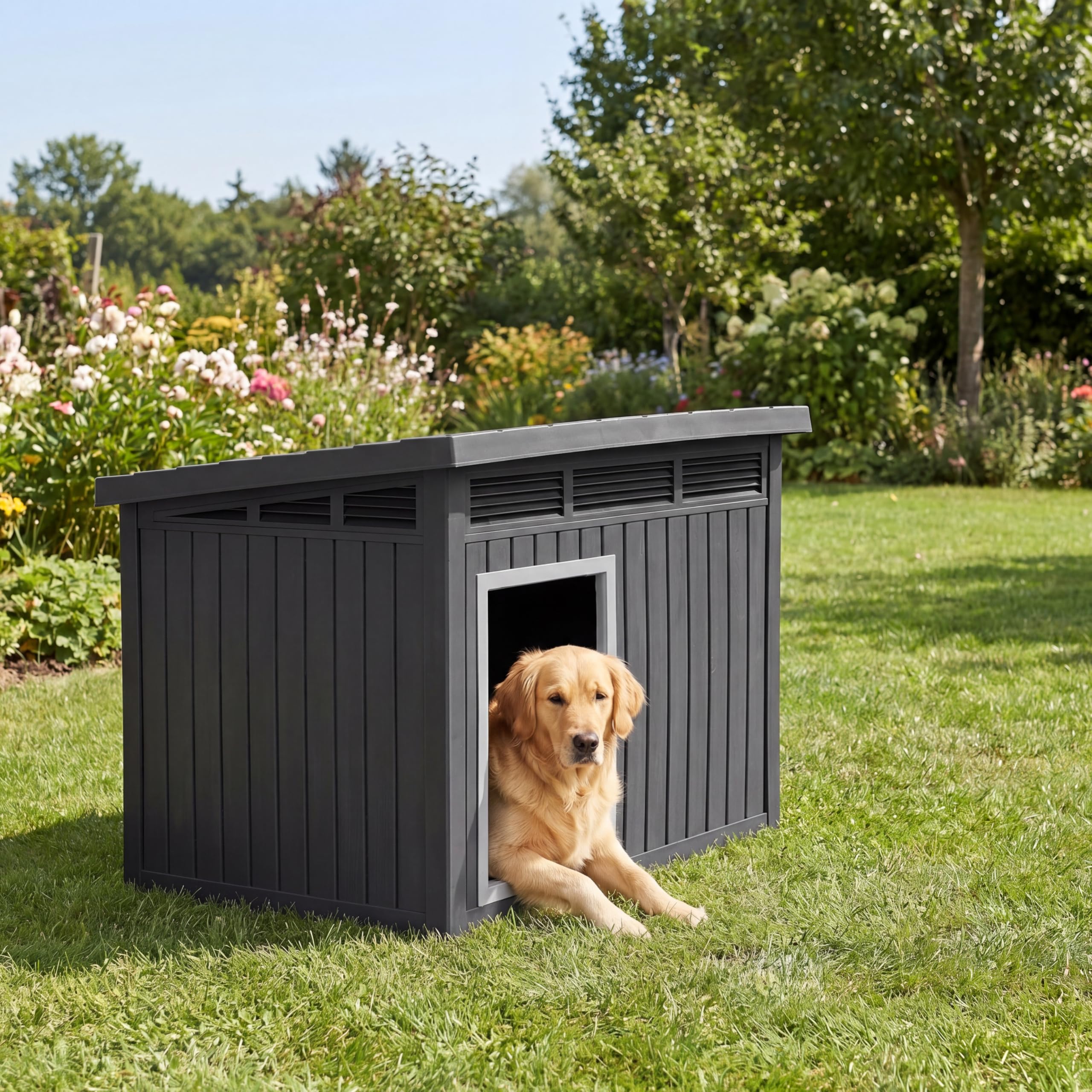 DREAMADE Hundehütte Outdoor, Hundehaus wetterfest | mit aufklappbarem Schrägdach, Gasdruckfedern Belüftungsöffnungen & Ablauflöchern, Hunde Hütte für kleine & mittelgroße Hunde