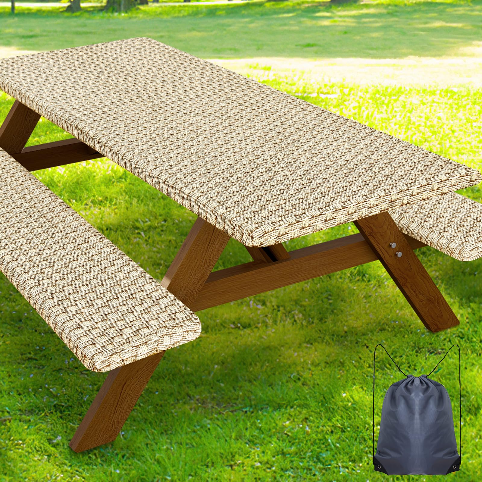 Smiry Picnic Table Cover with Bench Covers, Waterproof Elastic Fitted Tablecloth for 5 Foot Tables, Washable Polyester Tablecloths for Camping, Indoor &amp; Outdoor (Champagne, 30x60 Inch 3-pc Set)
