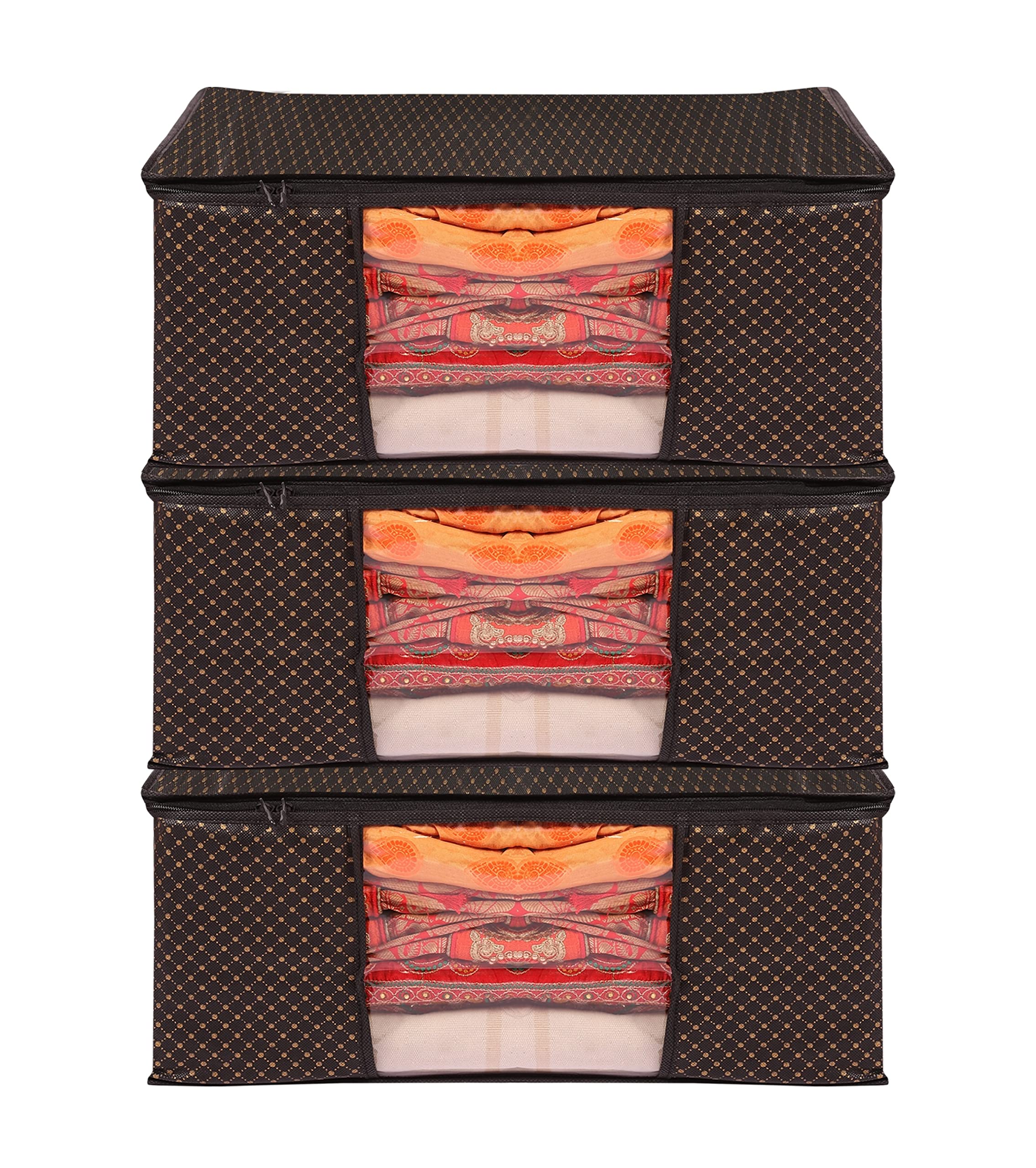 PENADIA3 Piece Printed Non Woven Saree Cover Set,Clothes Organiser For Wardrobe Set with Transparent Window And Zipper (PACK OF 3, B5-DARK BROWN)