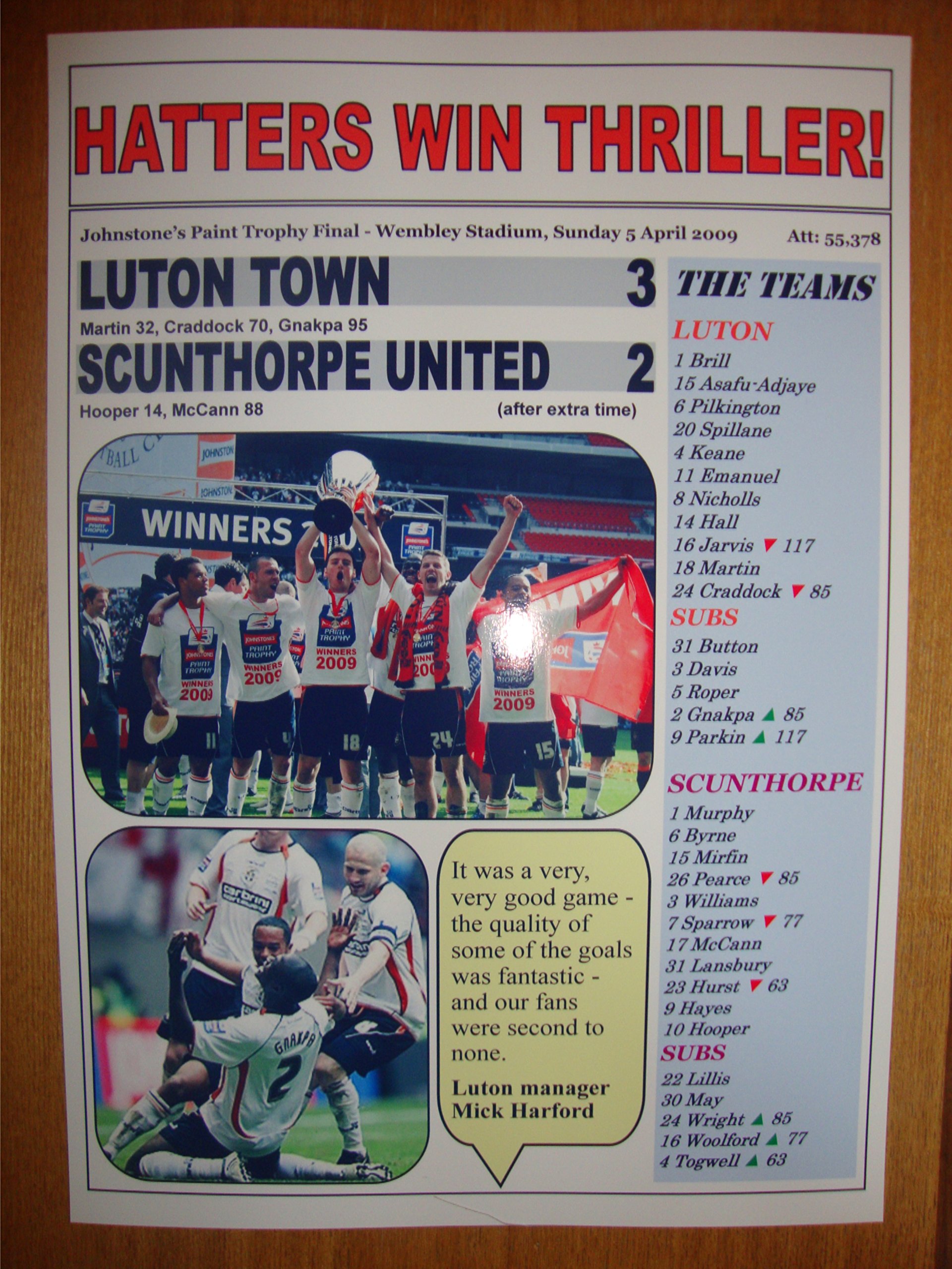Lilywhite Multimedia Luton Town 3 Scunthorpe United 2 - 2009 Jpt Final - Souvenir Print