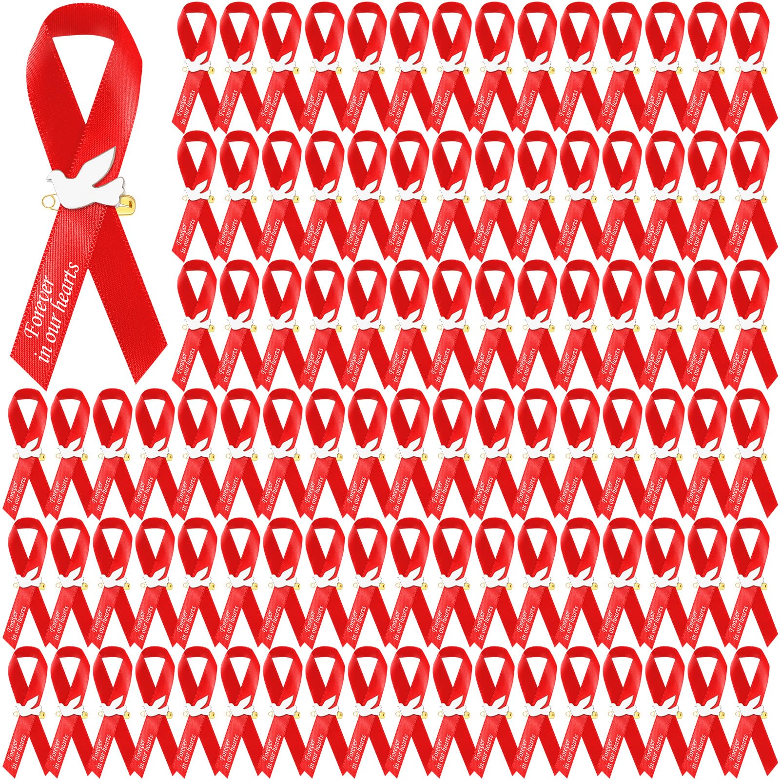 Geosar 100 Pcs Red Funeral Memorial Ribbon Pins with White Dove