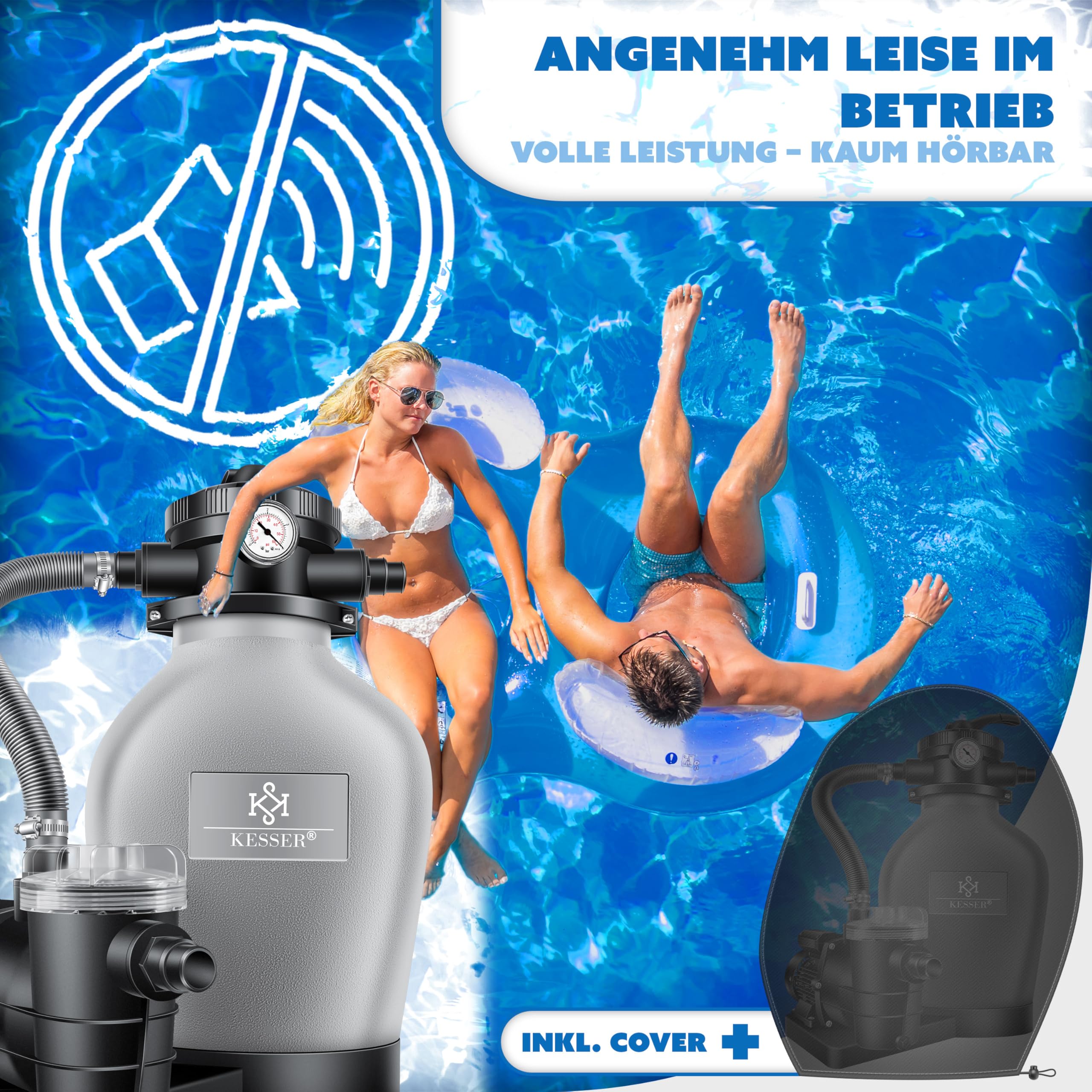 KESSER Sistema de filtro de arena + 700 g de bolas filtrantes reemplazan 25 kg Filtro de arena válvula de 7 vías con indicador de presión, filtro de piscina, 10 mġ/h tanque de filtro (gris)