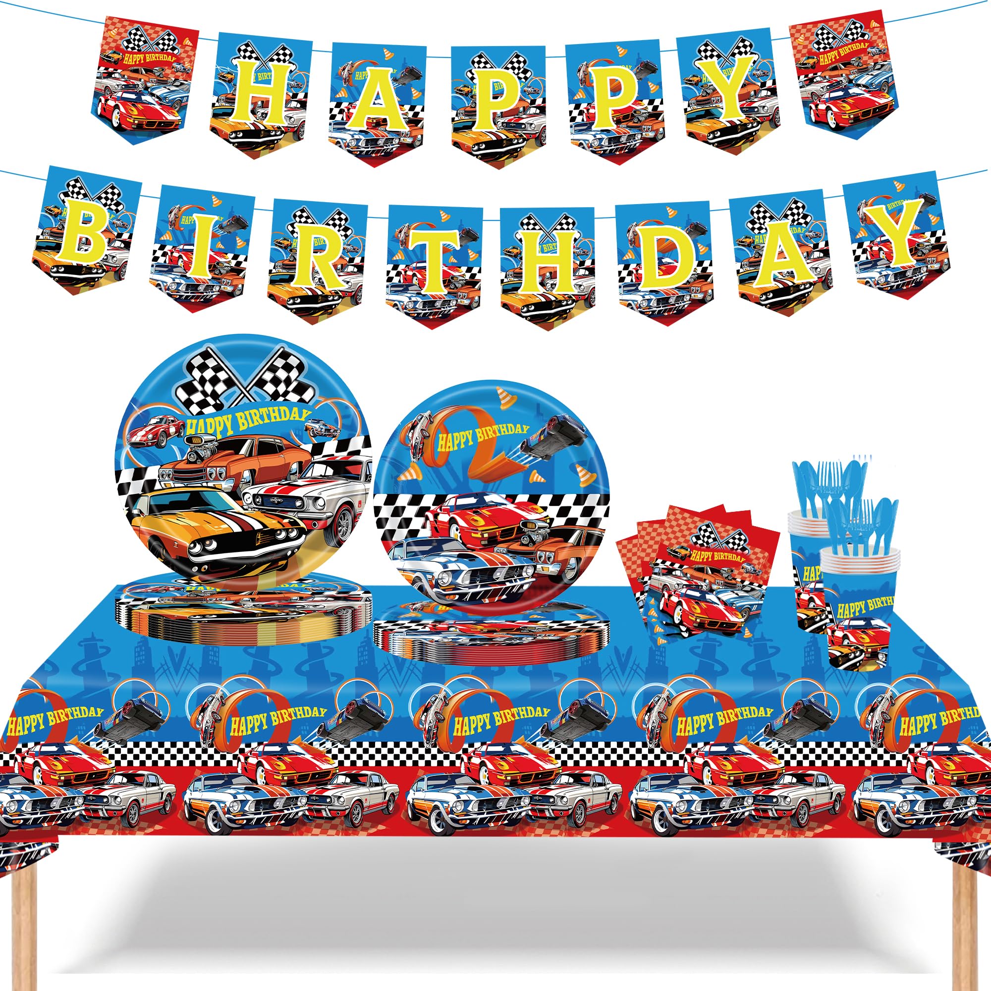 170pcs Birthday Decorations Tableware Racing Car Party Supplies Set Include Happy Birthday Banner, 9 Inches &7 Inches Plates, Napkins, Cups, Forks, Spoons, Knives and Tablecloth kit for Serve 24