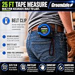 Greendale - 3 Boîte de mesures de bande - 25 ft (7.5M) - Remontage automatique, verrouillage de la pouce et pointe magnétique - Ensemble de 3 rubans à mesurer – 25 (en milliers de dollars)7,5 m) – rétractation automatique, verrouillage au pouce