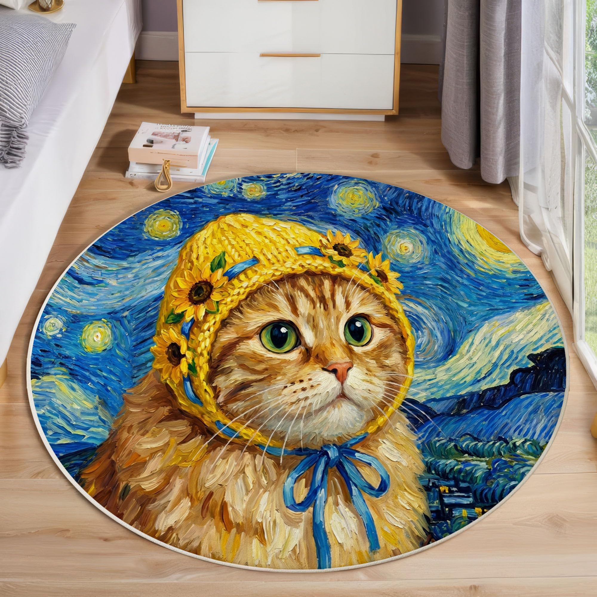 Tapis Rond Salon Lavable Peintures Humoristiques À L'Huile Animaux 100 Cm | Chats Ciel Étoilé Bleu Marine Tapis De Sol Décoration Antidérapant Pour Chambre Cuisine Salle À Manger
