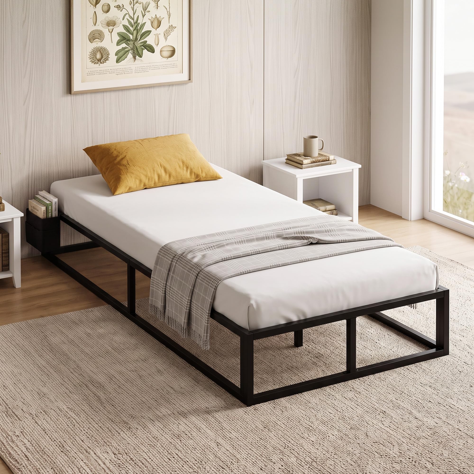 HOMCOM 3ft Single Bed Frame with Storage Bag 12 Slats Metal Platform Black