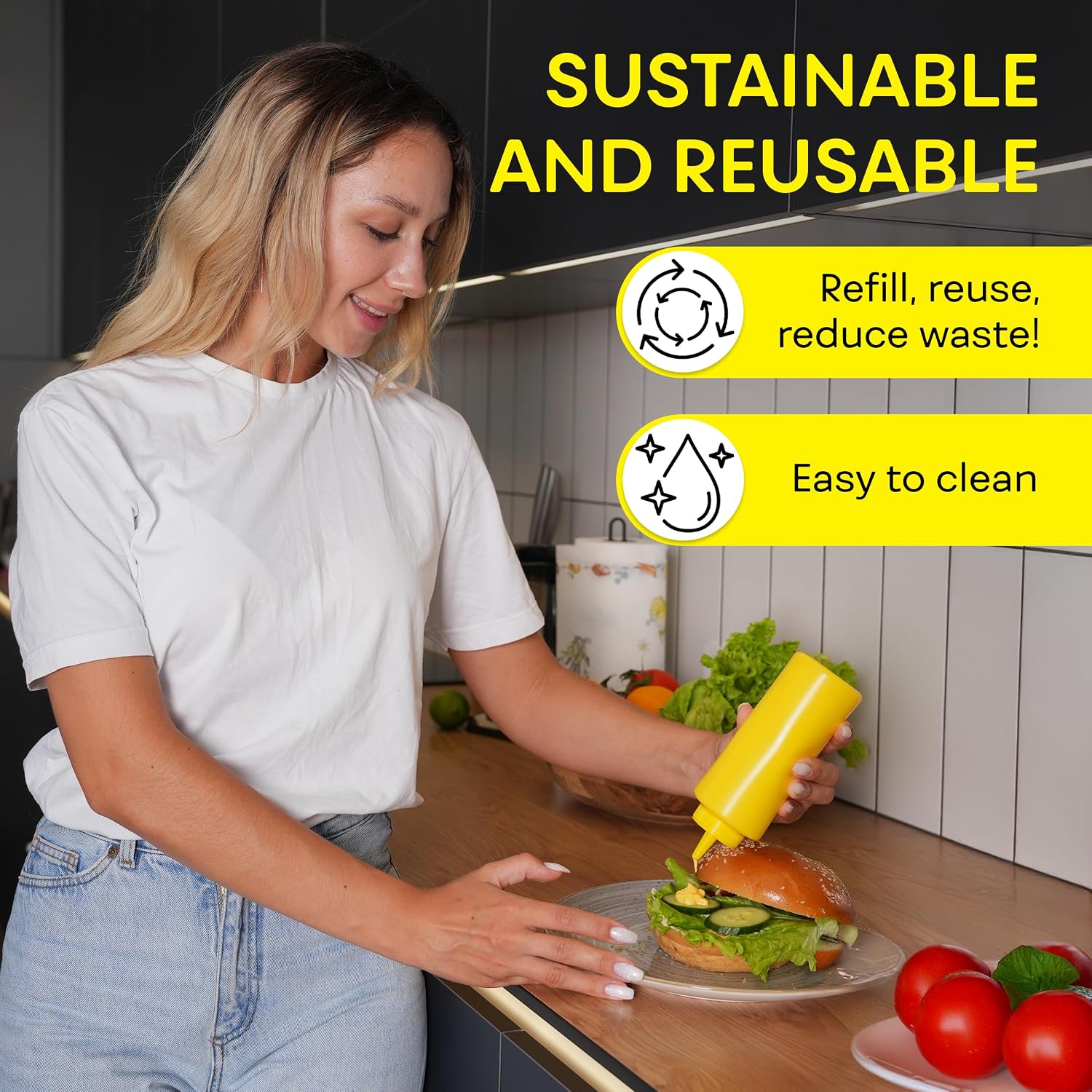 BRIGHTFROM Condiment Squeeze Bottles, RED/YELLOW 12 OZ Empty Squirt Bottle with Wide Neck - Great for Ketchup, Mustard, Syrup, Sauces, Dressing, Oil, BPA FREE Plastic - 2 PACK