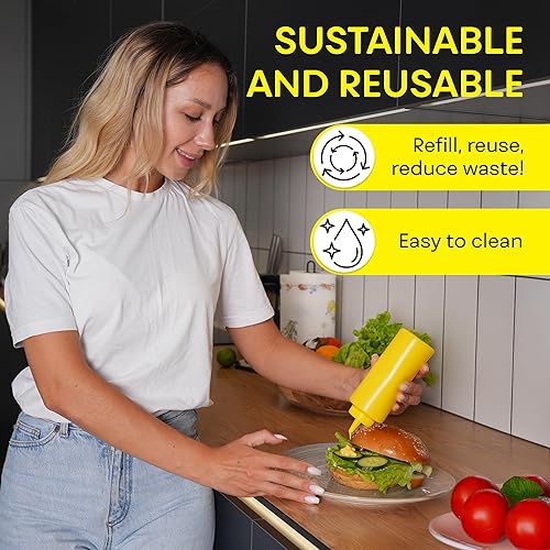 Miniatura 7 de BRIGHTFROM Botellas exprimibles para condimentos, rojoamarillo botella vacía de 12 onzas con cuello ancho, ideal para salsa de tomate, mostaza,