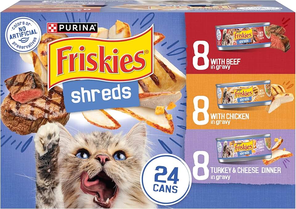 Purina Friskies 肉汁濕貓糧品種包，牛肉絲、雞肉、火雞和起司晚餐 - （24 件裝）5.5 盎司。罐頭