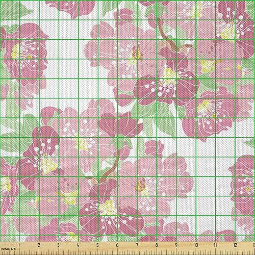 Miniatura 2 de Ambesonne Cherry Blossom Fabric by The Yard, Symbolic Japanese Tree Burst Out into Blossom in Spring, Decorative Satin Fabric for Home Textiles and