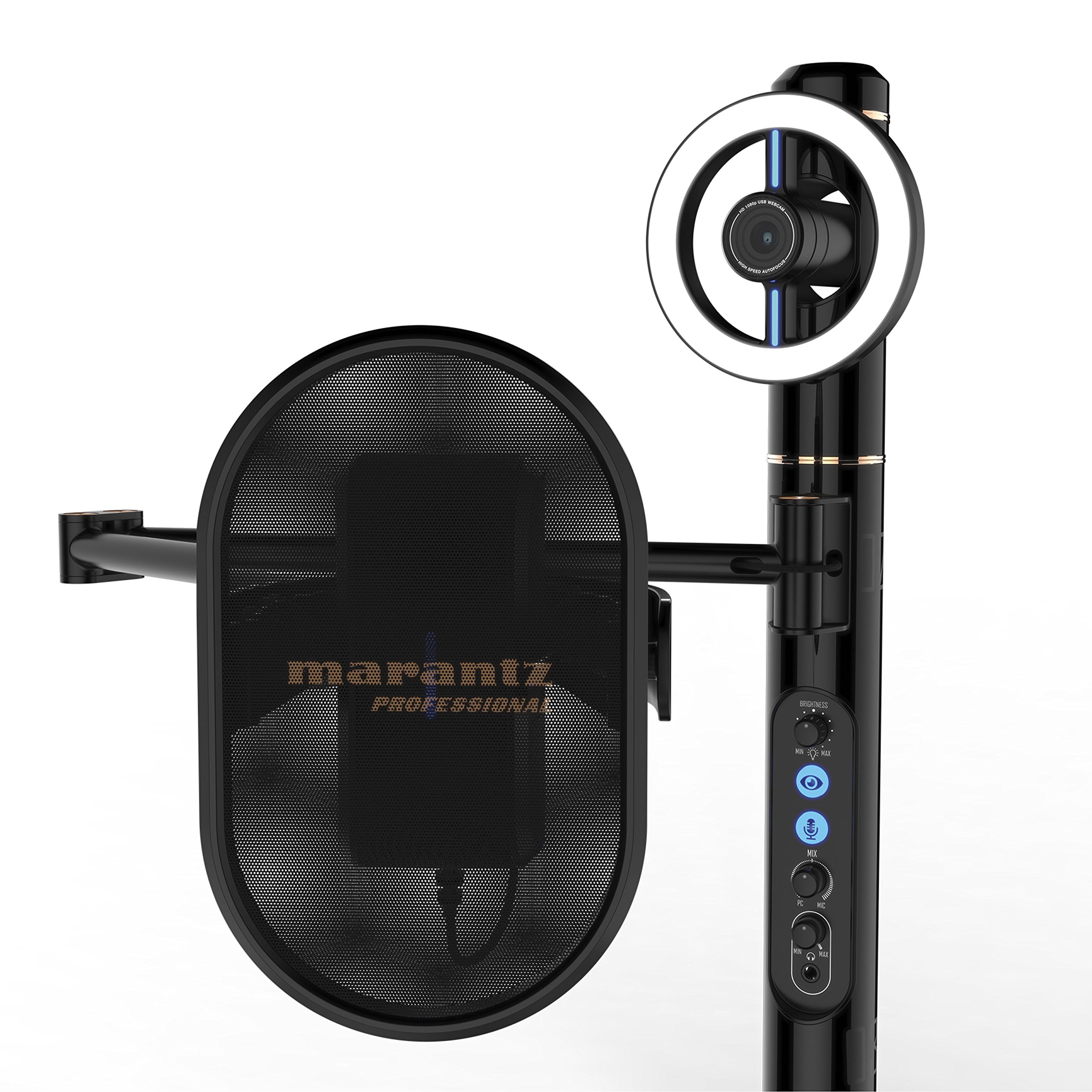 Marantz Professional Turret - Komplettes Podcast System mit Full HD Webcam, USB-Kondensatormikrofon mit Pop-Filter, dimmbarem LED-Lichtring und internem USB-Hub
