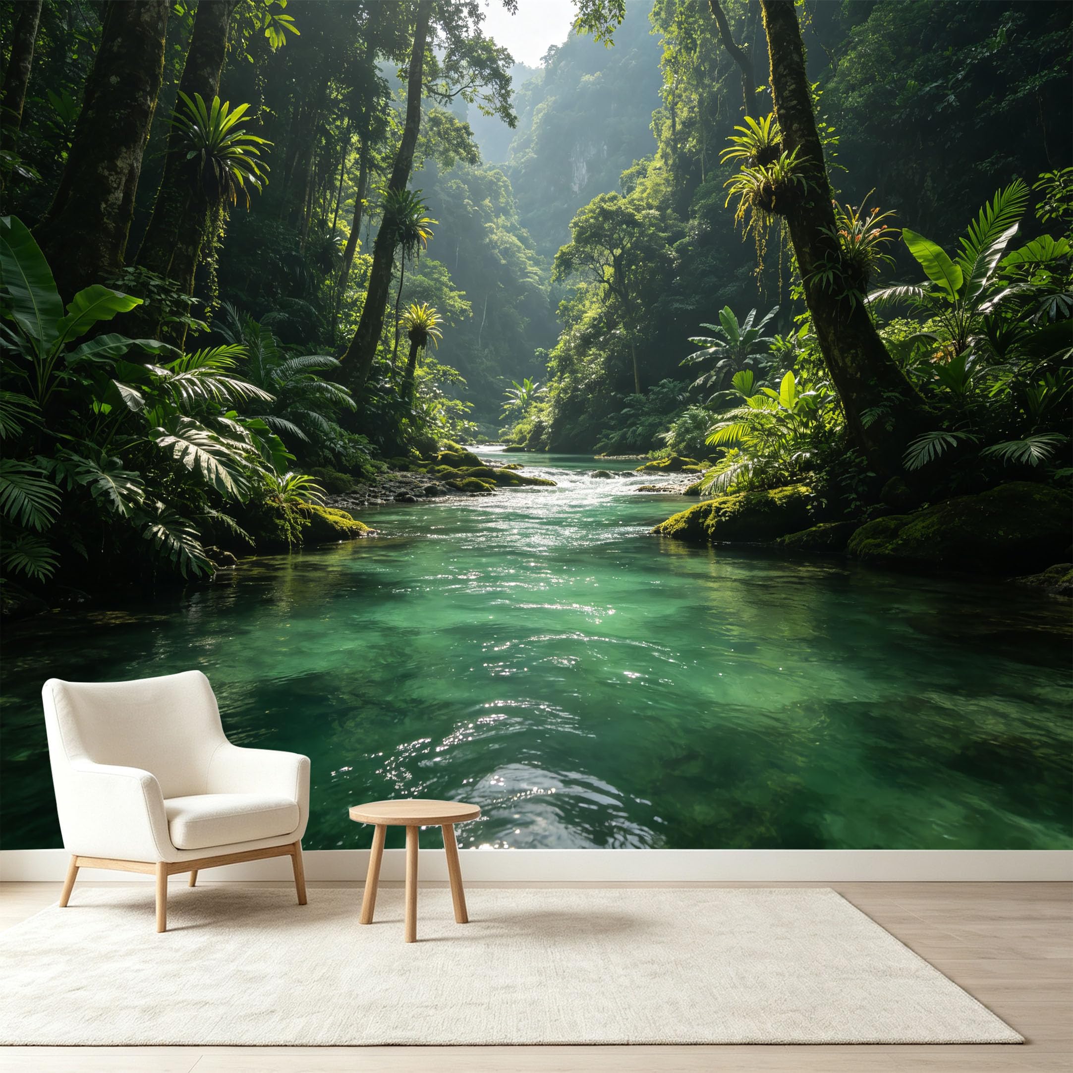 Custom Size Wall Murals Tropical Rainforest River Landscape Jungle Botanical Sunbeams Self-Adhesive Wall Fabric Removable Wallpaper Wall Decor for Living Room Bedroom Bathroom