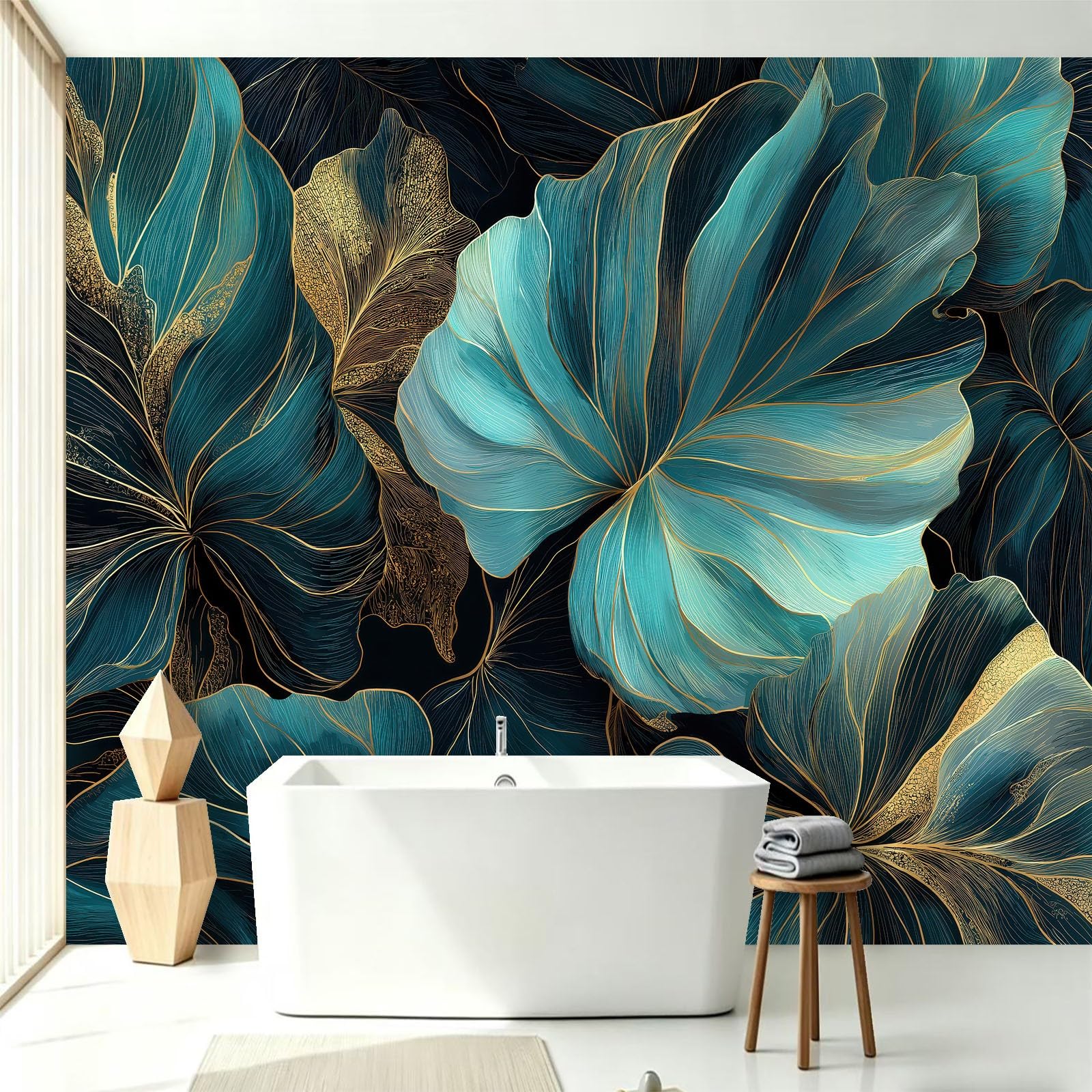 Fototapeta do salonu, rośliny, liście, złote linie, 300 x 210 cm, nowoczesny design, druk 3D, tapeta na flizelinę, tapeta ścienna do sypialni, pokoju dziecięcego, tło TV, tapeta z włókniny