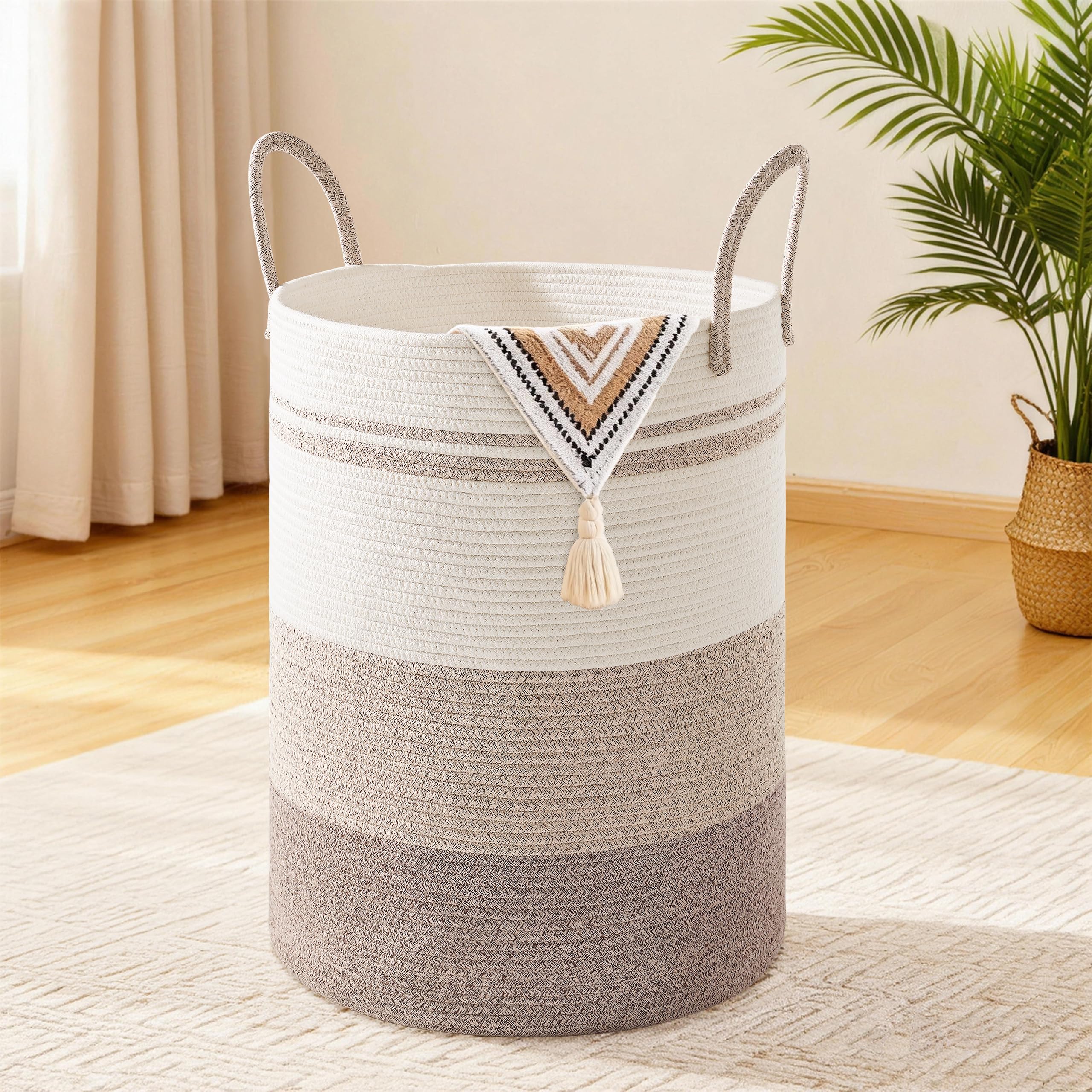 MYHOMMATTO Wäschekorb,Aufbewahrungskorb,Geflochten Korb,58L Klein Rund Wäschesammler mit Baumwoll Henkel für Kinderzimmer,Korb für Decken und Spielzeug für Wohnzimmer oder Waschraum,Braunverlauf