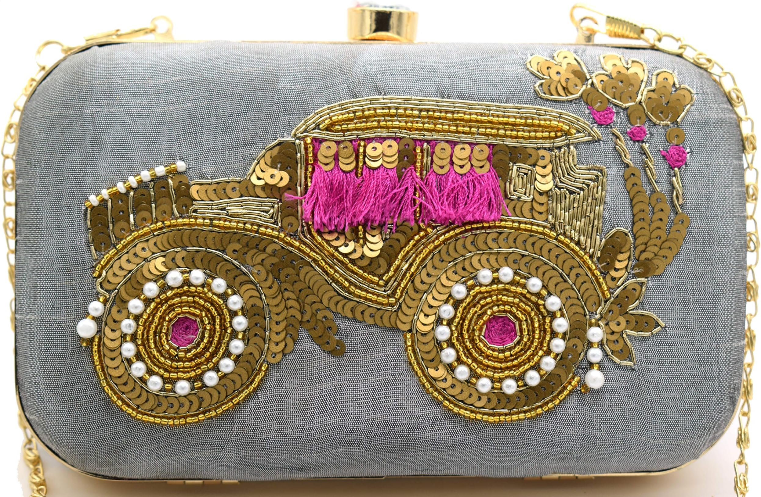 TOOBA Handicraft Embroidered Box Clutch for Women, Handmade Beaded Wedding Print Clutch Bag, Evening Party Purse, Bridal and Festive Handbag, Stylish Ethnic Accessory for Special Occasions