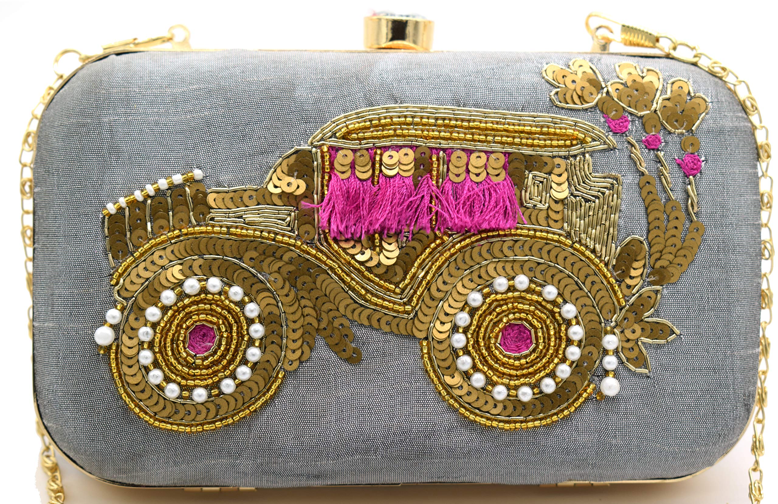 Handicraft Hand Embroidered Box Clutch Bag Purse for Bridal, Casual, Wedding (Grey)-image-7