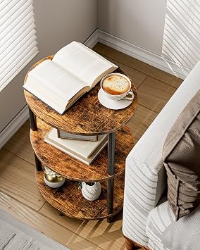 Round Small End Table - 3 Tier Oval Accent Table for Small Spaces, Rustic Wood and Metal Couch Side Table, Nightstand for Bedroom or End Table Living Room, Easy to Assemble, Rustic Brown