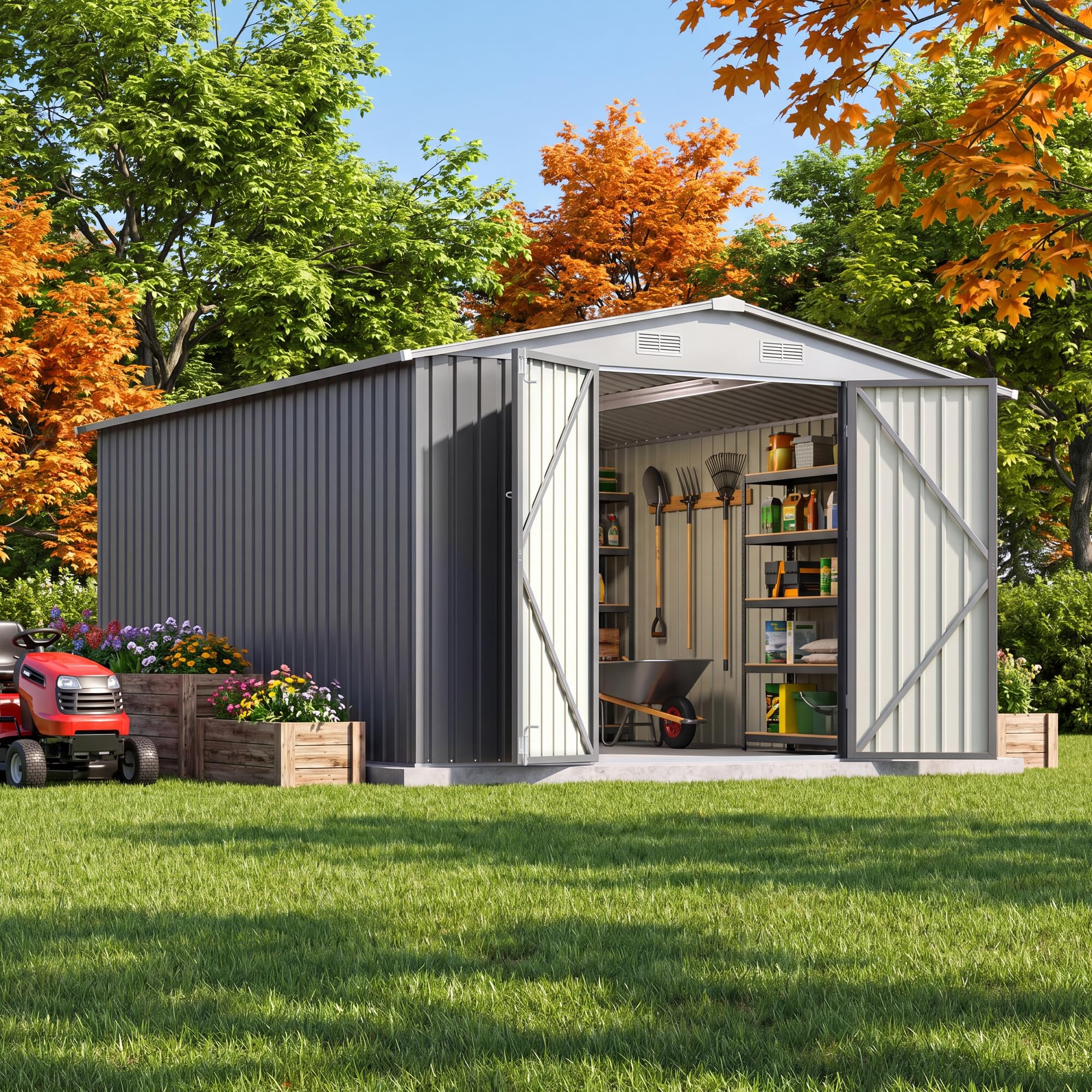 JUMMICO 10x12 FT Outdoor Storage Shed, Heavy Duty Metal Shed with Lockable Door&amp;Slooping Roof, Tool Shed for Garden Backyard Patio(Gray)