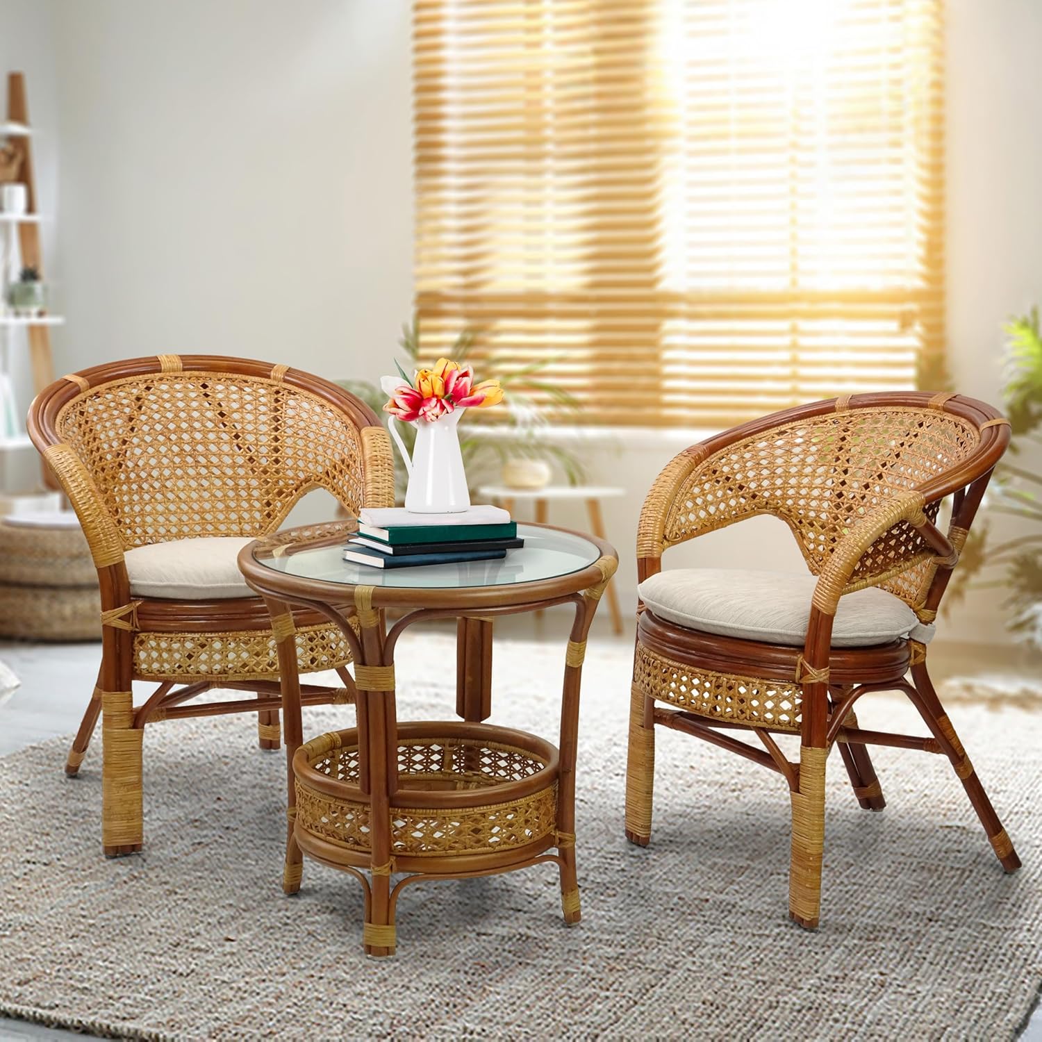 Pelangi Rattan Wicker 3 Pieces Set of 2 Chairs W/Cushions and Round Coffee Table W/Glass, Colonial Color