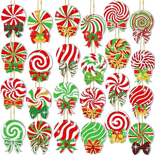 Miniatura 1 de Hiboom 24 Pcs Christmas Diamond Painting Keychains Peppermint Candy Lollipop Bow 5d Diamond Keychain Kit DIY Christmas Diamond Art Ornament for Kids
