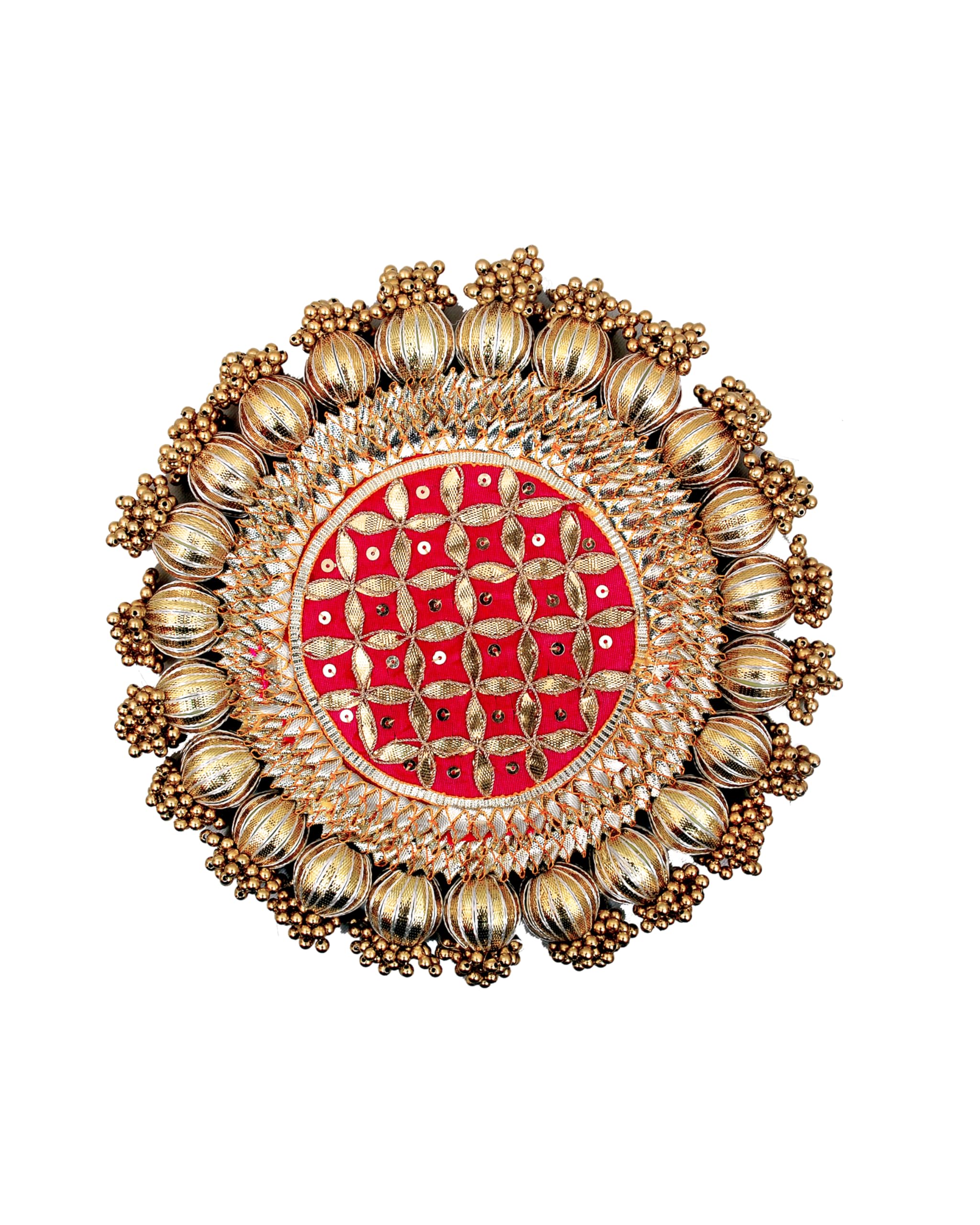 Wood Handmade Gota Patti Work Plate, Table Decor & Base For Statues, Gods, Plant, Craftsmanship With Golden Moti Detailing, Gift For Diwali, Birthdays, Housewarming (Size 9 Inch)