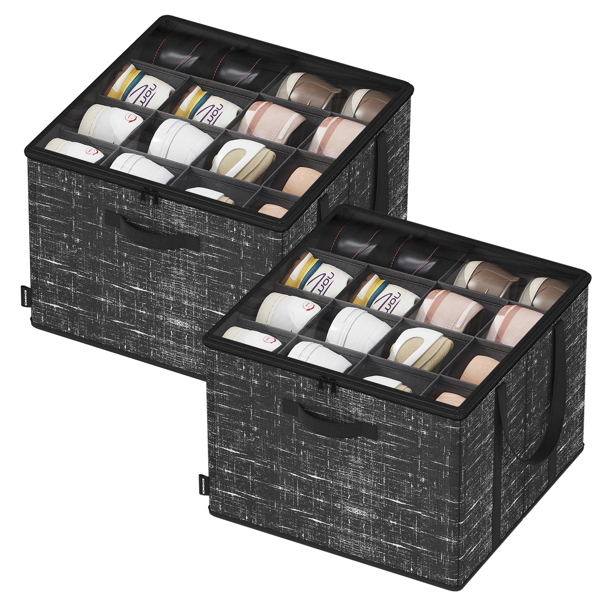 SONGMICS Schuh-Organizer, 2er Set, jeder für bis zu 16 Paar Schuhe, Schuhaufbewahrung, Griffe, transparenter Deckel, für Schlafzimmer Eingangsbereich Kleiderschrank, tintenschwarz LSP602B01