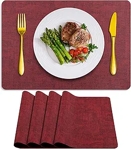 Placemats Set of 4 Washable, Heat Resistant Table Placemats Wipeable Faux Leather Place Mats Non Slip, Waterproof Square Table Mats for Indoor Outdoor, Wine Red