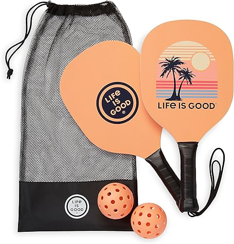 Life is Good Juego de iniciación de pickleball - Incluye 2 paletas de pickleball de madera, 2 bolas de pickleball de tamaño reglamentario y bolsa de