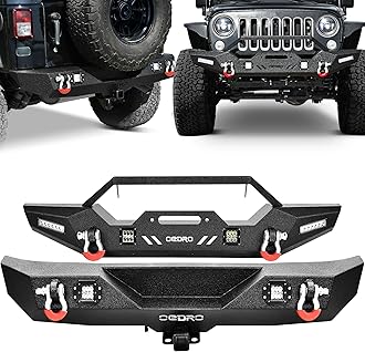 OEDRO Front and Rear Bumper Fit for 2007–2018 Jeep Wrangler JK JKU Unlimited (2/4 Door), Rock Crawler Bumper w/Fog Light Housing, 2 LED Lights, 2" Hitch Receiver, D-Rings, Paintable Armor, Black
