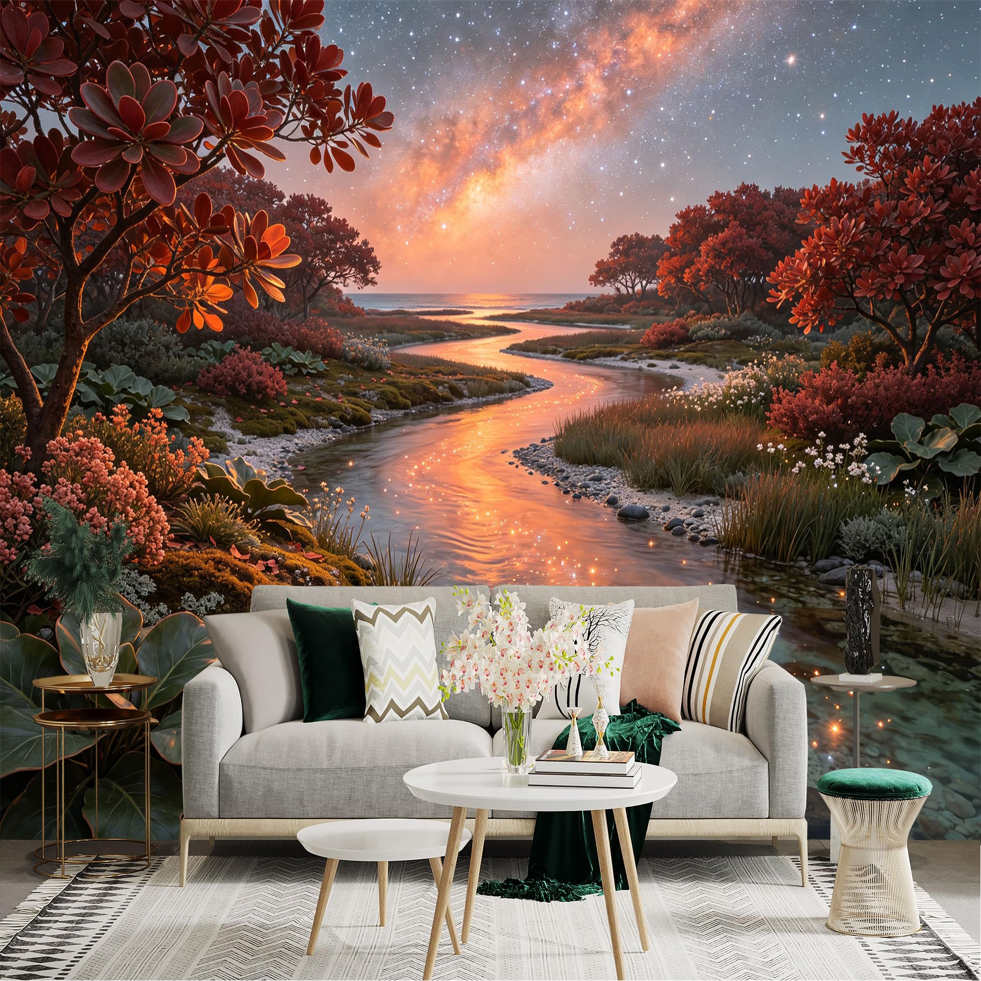 Lnzczhyre Bh260719180 Custom Size Wall Sticker Mural， Enchanting River At Sunset， Vibrant Autumn Trees， Sparkling Milky Way Galaxy， Serene Nature Landscape， For Wall Decoration， Peelandstick Wall Decals.