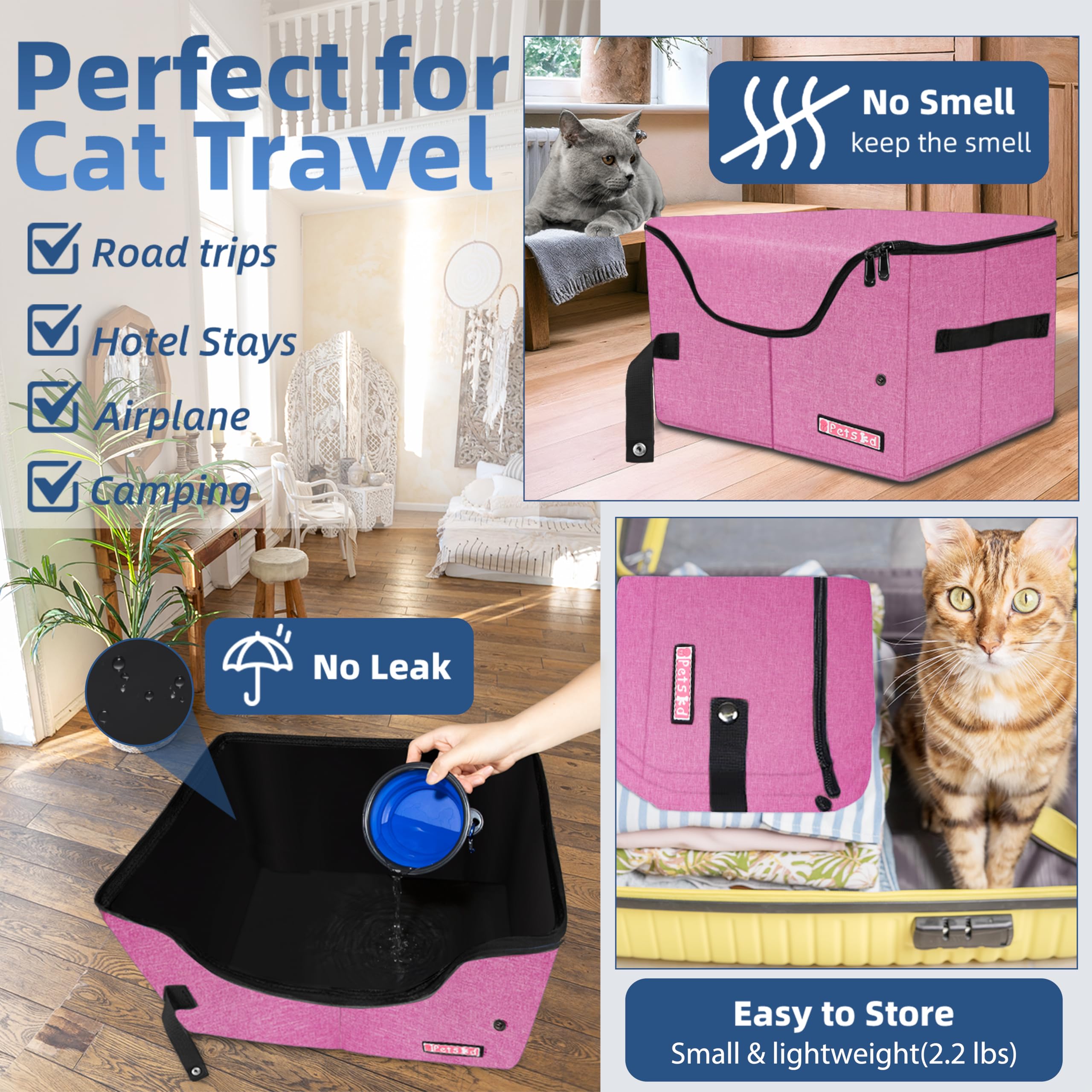 Petskd Portable Travel Litter Box for Cats with Lid and 10 pcs Liner Bags, Light Weight, Leak-Proof and Higher Sides for Road Trips, Hotel Stays, Car Travel(Pink) - image 2