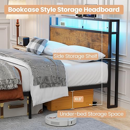 Miniatura 5 de Flolinda Base de cama tamaño Queen con cabecero, marco de cama de plataforma de metal Queen con luces LED y estación de carga, con 11 patas de cama