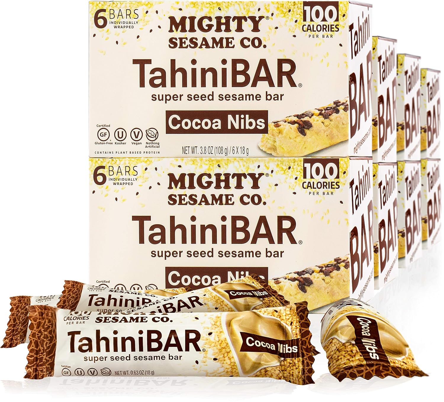 Mighty Sesame TahiniBars with Cocoa Nibs 3.8oz (8 Pack, 48 Bars) 100 Calorie Bar, Gluten Free, Vegan, Nothing Artificial, Kosher