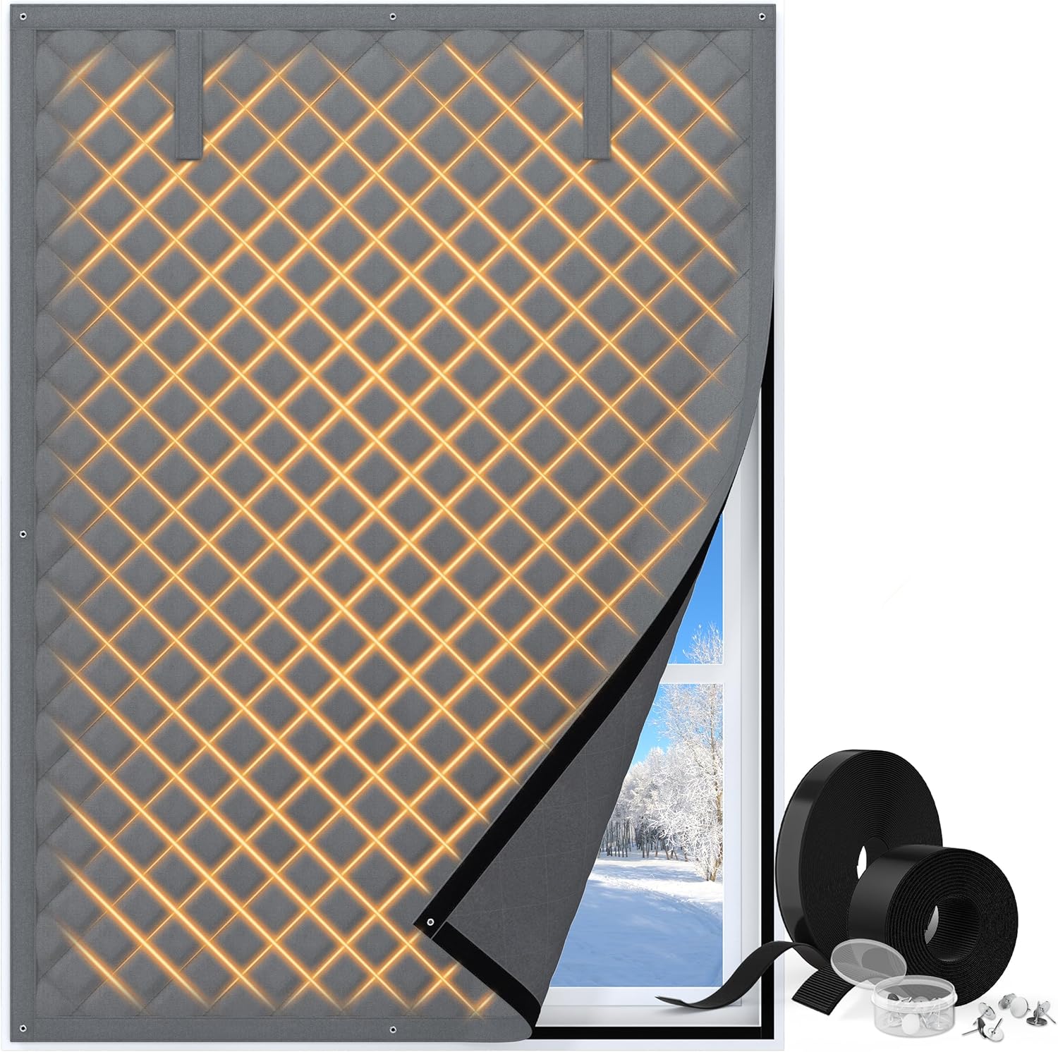 Customizable Window Insulation for Winter, Thermal Insulated Window Cover Oxford Cloth Thicken Cotton Fiber and Loop Strips Kit for Window Winterize