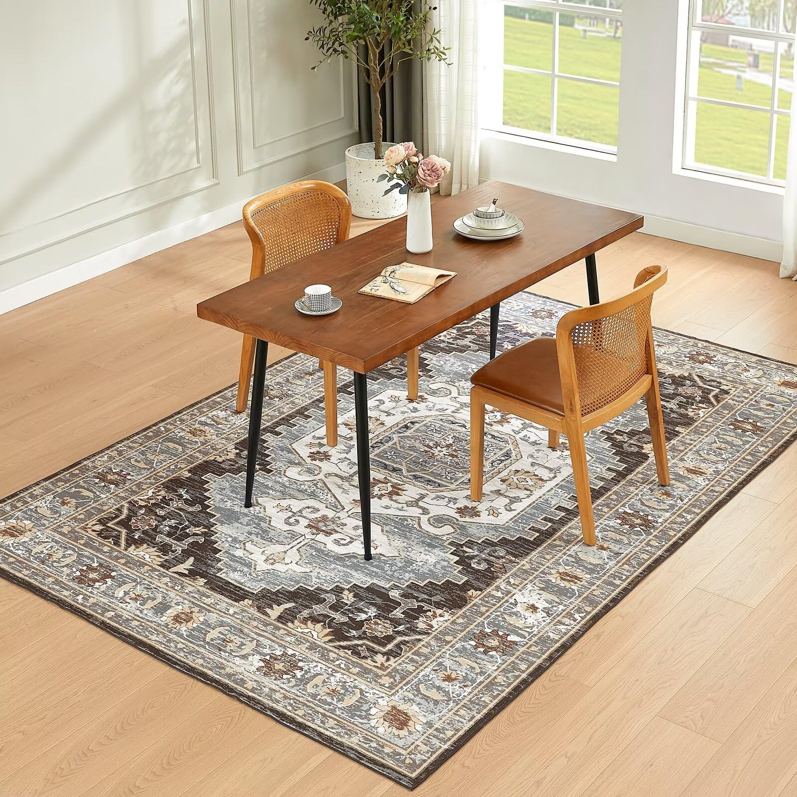 CHOSHOME Tappeto Soggiorno Classico Tappeti Soggiorno Tappeti Camera da Letto Tappeti Vintage Salotto Grandi Dimensioni Tappeto Pelo Corto Orientale Tappeto Stile Antiscivolo Marrone 120X170CM