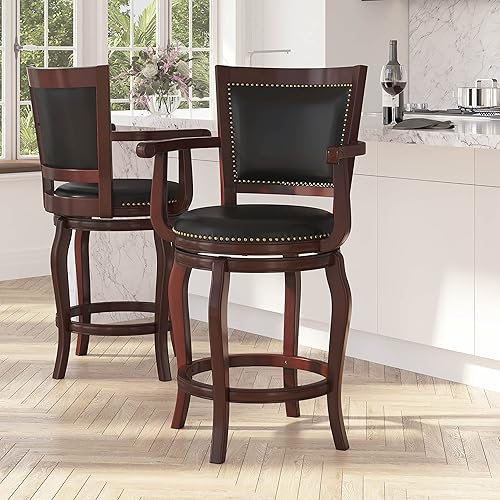 Merrick Lane Aletta Series - Taburete trasero con panel de madera de cerezo de 26 pulgadas con brazos y asiento giratorio de piel sintética negra