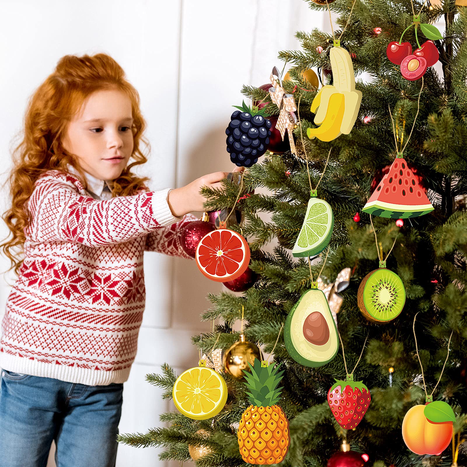 Décorations en bois à suspendre pour sapin de Noël - Ornements en bois pour fruits et légumes - Décoration en tranches pour arbre de Noël, couronne de cheminée (style fruits, 24 pièces)