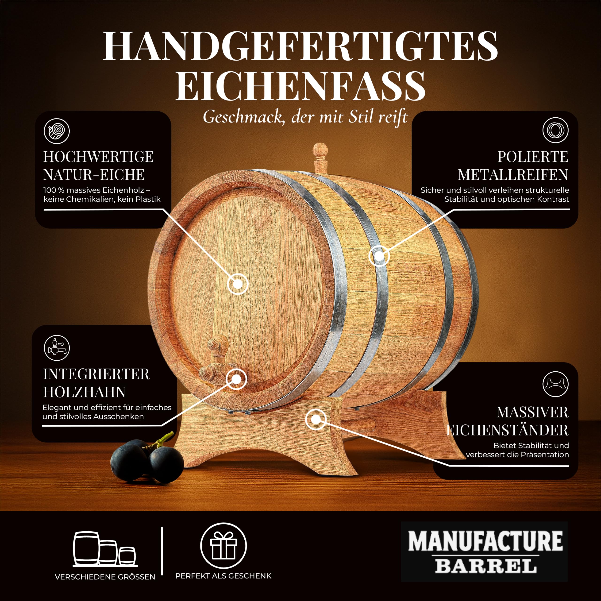 Eichenfass 5L mit Zapfhahn & Ständer Set – Holzfass für Whisky, Rum, Wein & Likör – Eichen Holzfass zur Reifung & Lagerung von Alkohol – Geschenkidee Whiskyfass mit Zubehör aus Eiche Lebensmittelecht