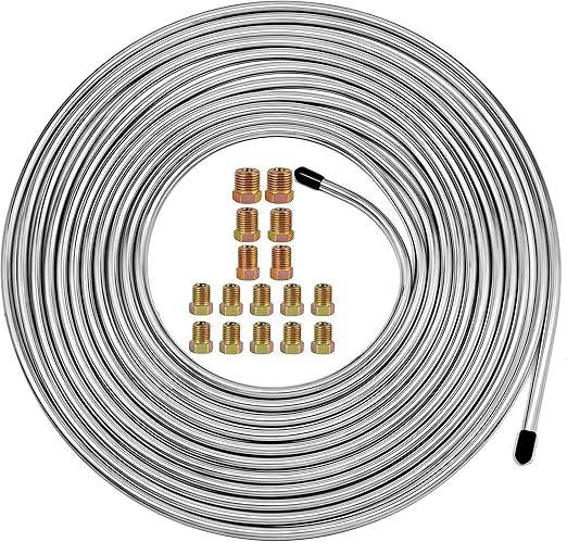 MuHize 25Ft 3/16 Inch Brake Line Kit - Zinc Coated Double-Walled Steel Brake Tubing with 16 Fittings for Car, Truck, SUV, Trailer | Hydraulic Fuel & Transmission Line | Corrosion Resistant