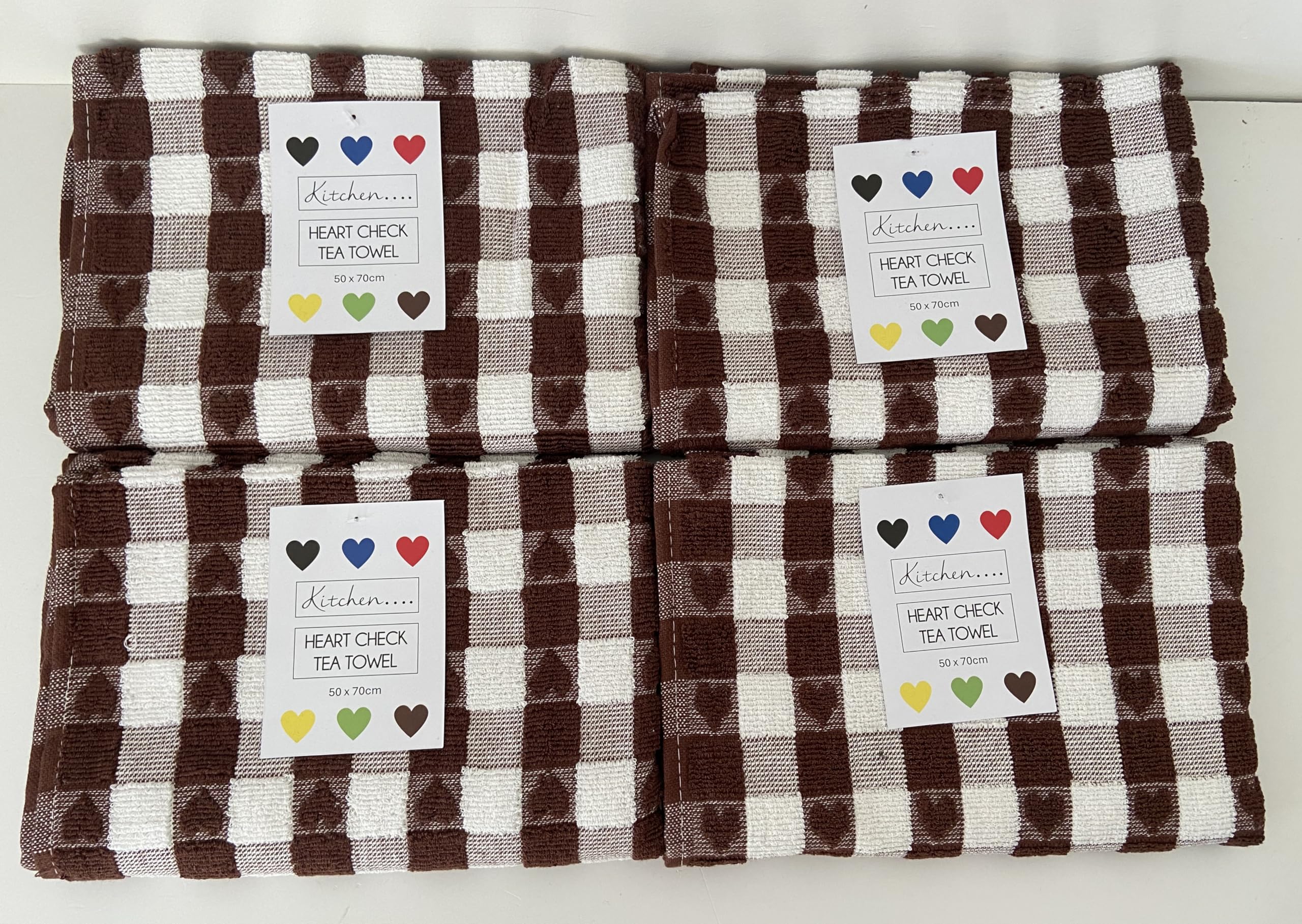 Jansons Brown & White 100% Cotton Check Heart Design 4 Pack Kitchen Hand Tea Towels In 50Cm X 70Cm