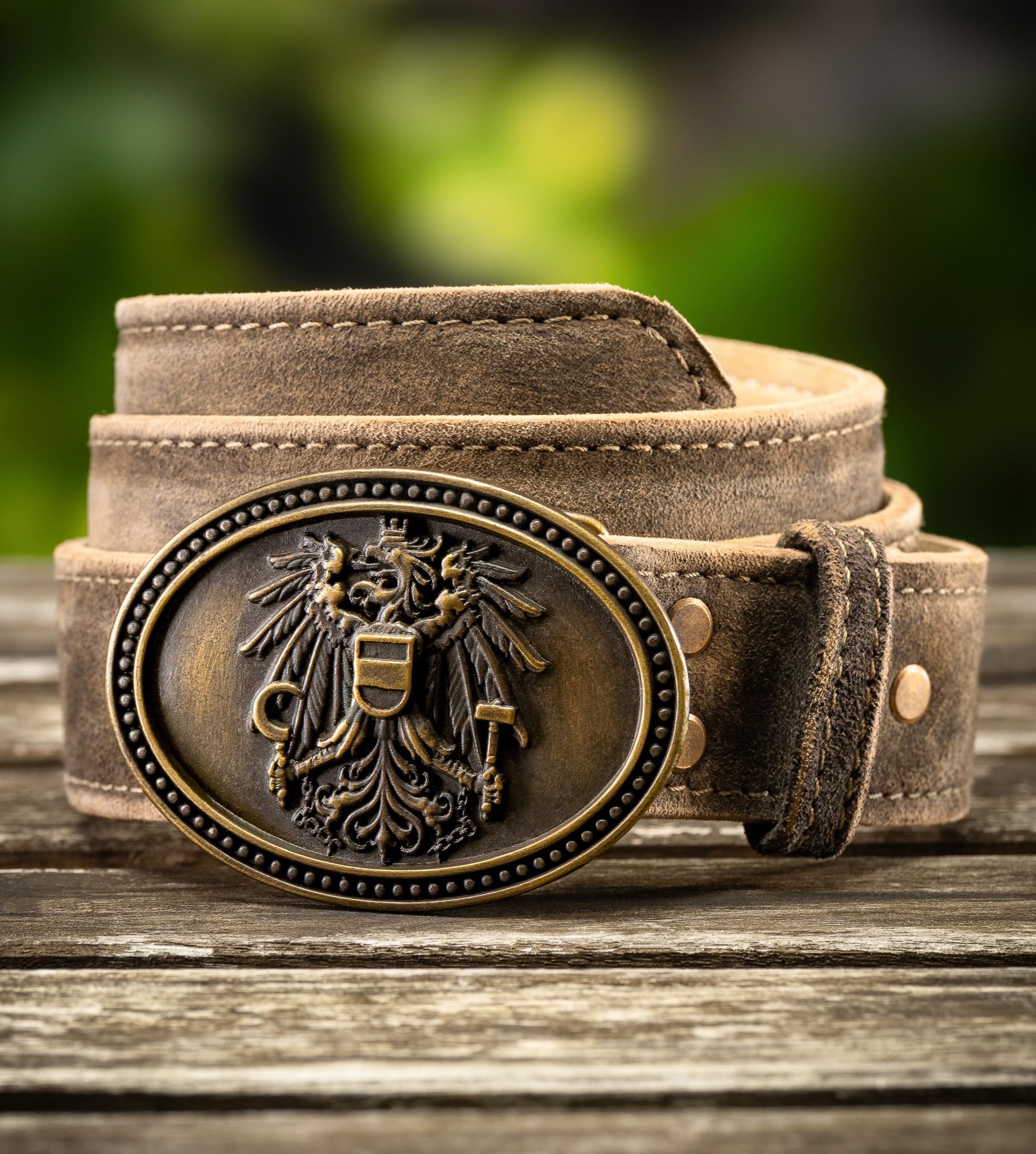 Schöneberger Trachten Couture Herren Trachtengürtel Österreich, Ledergürtel mit Austria Adler Schnalle, Lederhosen Gürtel aus Wildbock-Leder, Franco