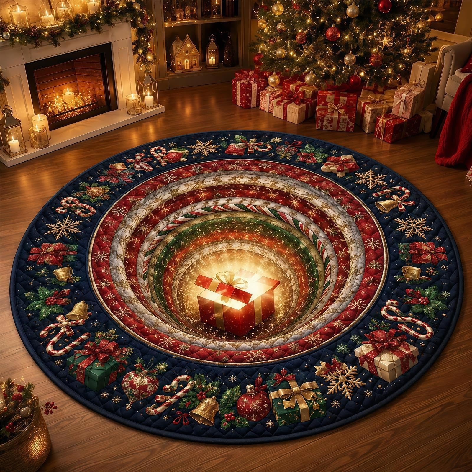 3D Christmas Rugs Optical Illusion Round Mat, Realistic 3D Xmas Rug