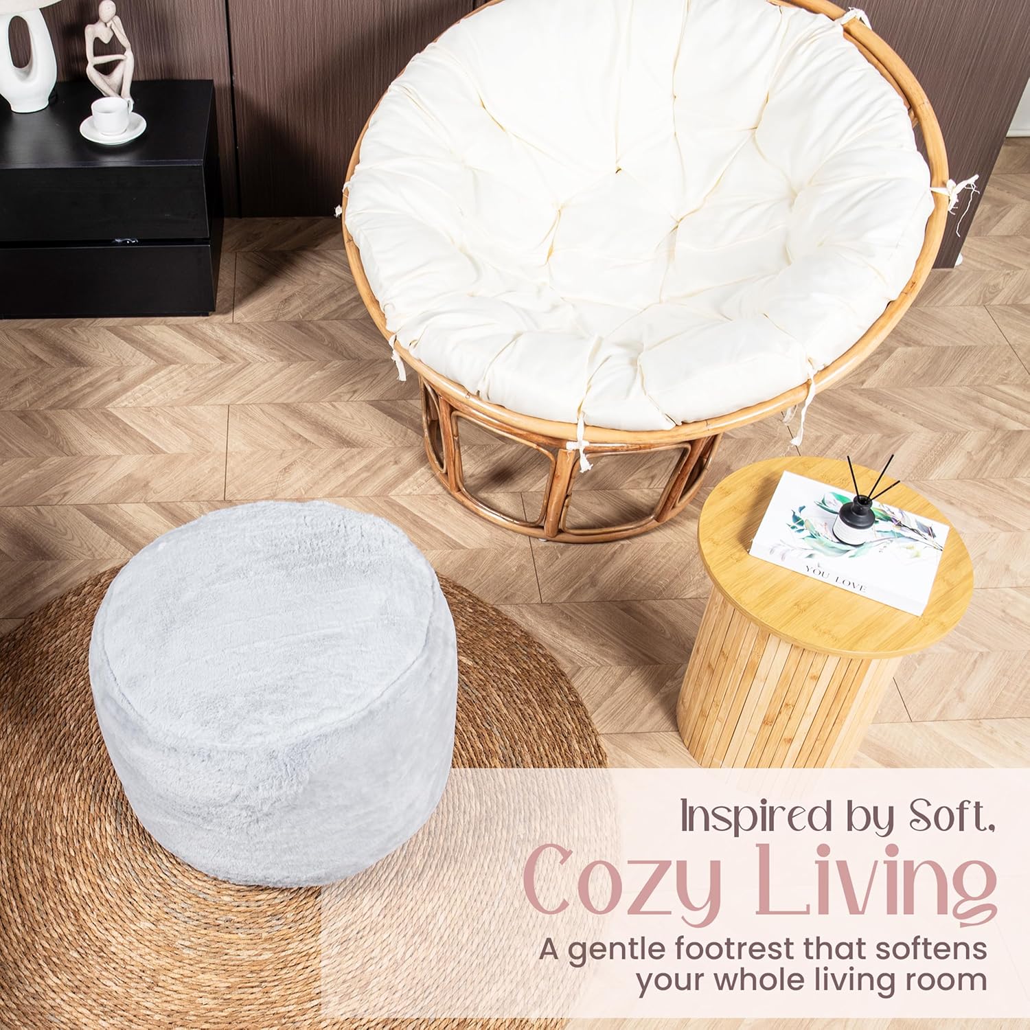 Cozy Plush Grey Pouf | Living Room Ottoman Footrest at 20 x 15 Inches | Soft, Non-Shedding Round Stool Sofa Ottoman with Supportive Foam Filling | Foot Rest for Couch