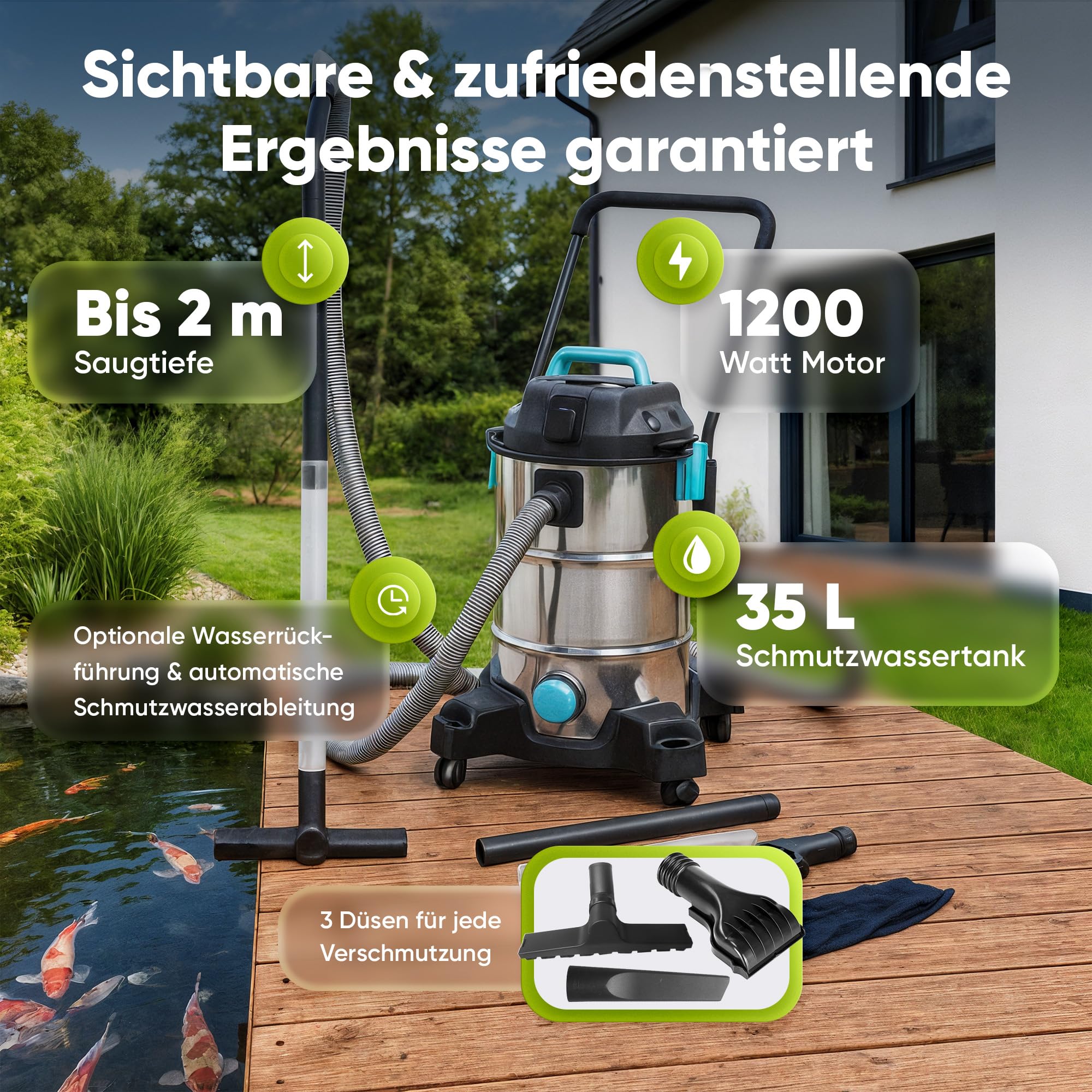 TEICHER Teichsauger Schlammsauger Groß [Neues Modell] – 1200 Watt Pumpsauger 35 Liter | Teichschlammsauger mit Wasserrückführung | Algensauger Mulmsauger Wassersauger mit Pumpe