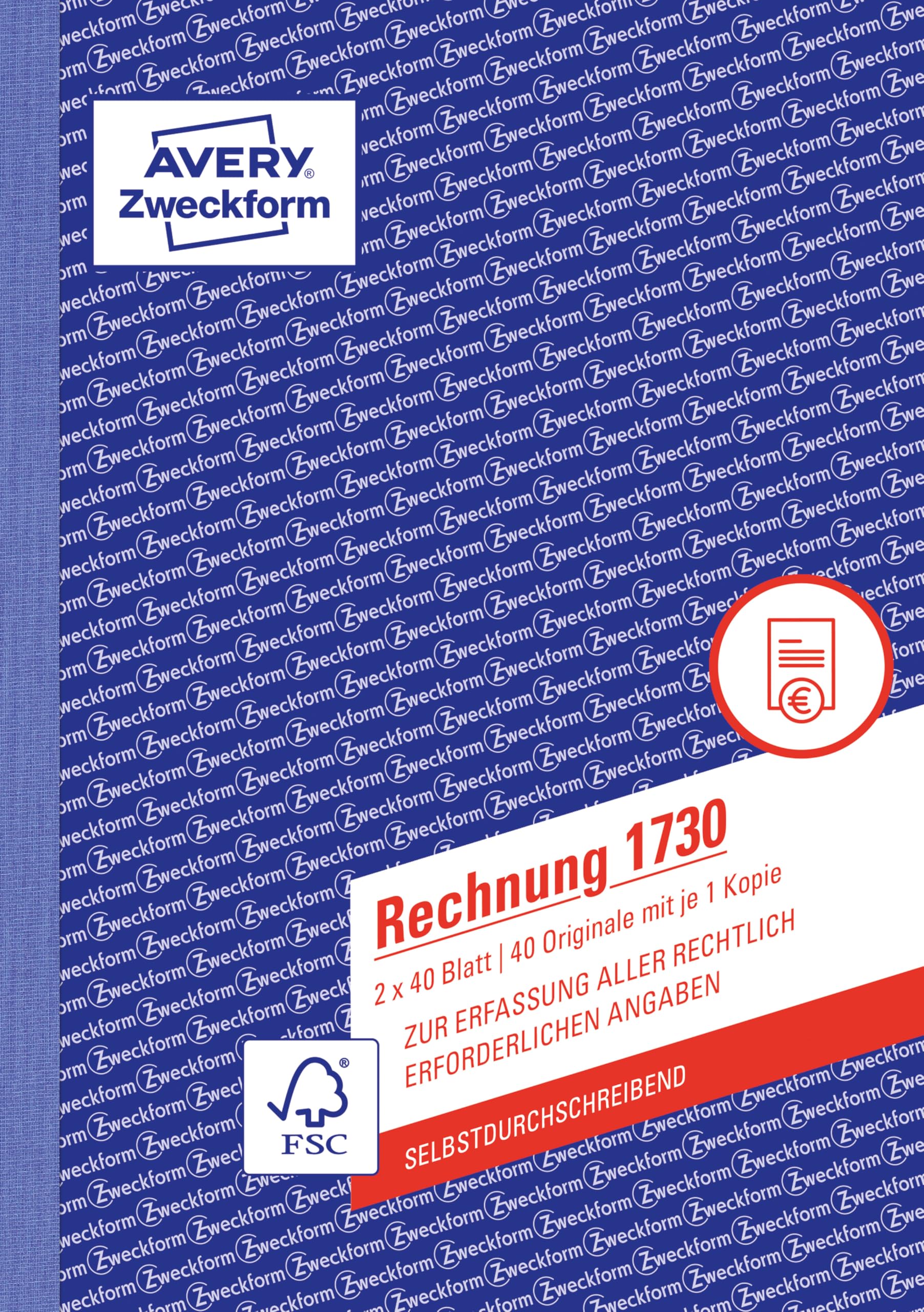 AVERY Zweckform 1730-10 Rechnung (A5, 2x40 Blatt, selbstdurchschreibend mit farbigem Durchschlag, enthält alle vom Finanzamt geforderten Angaben) 10er-Pack, Blau/weiß
