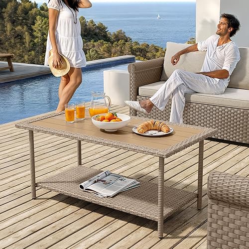 Miniatura 5 de YITAHOME Mesa de centro de mimbre para exteriores con 2 capas, mesa auxiliar rectangular exterior de 39.4 pulgadas con parte superior de madera