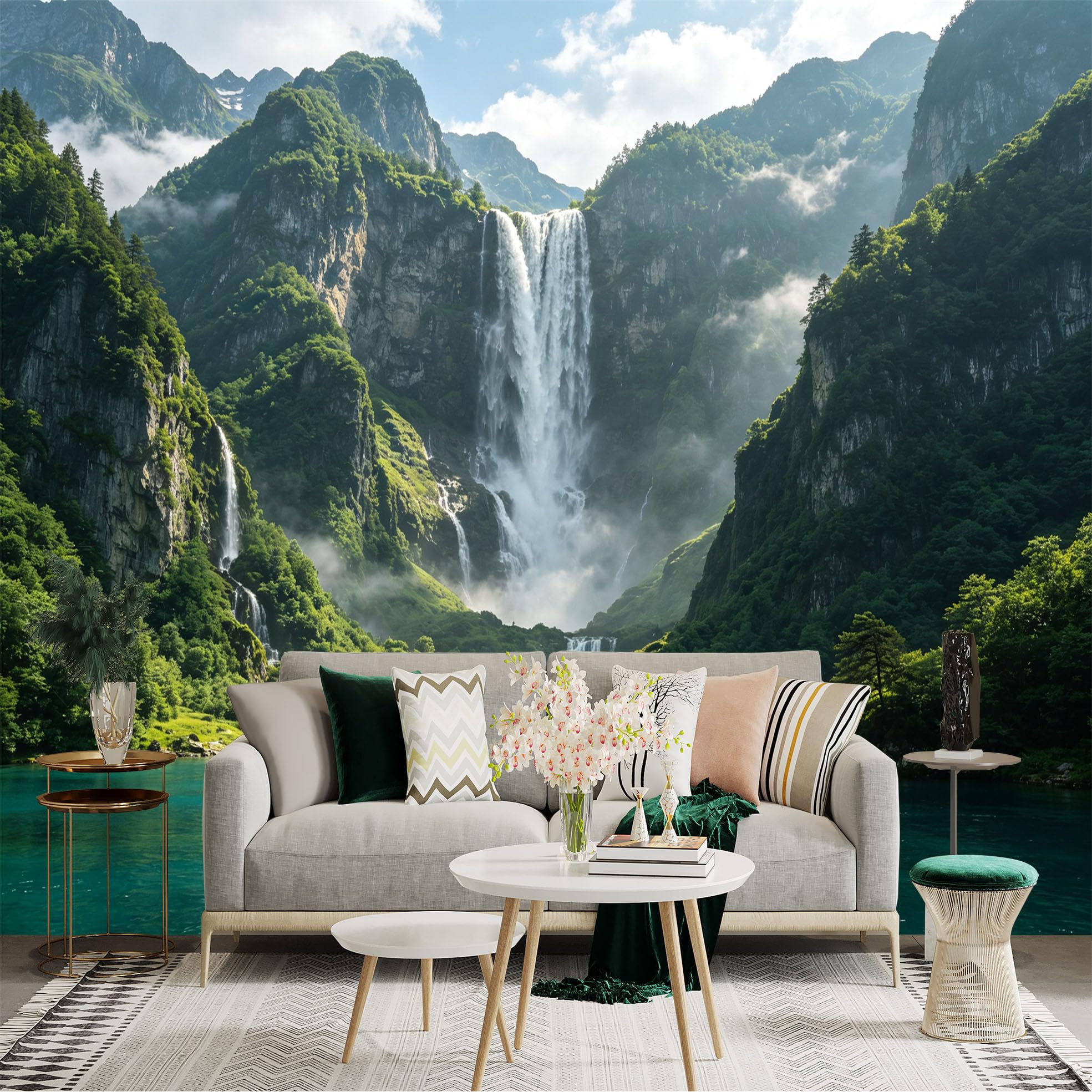 Custom Size Wall Sticker Mural， Majestic Waterfall， Green Mountain Peaks， Misty River Landscape， Nature Scenery， for wall Decoration， peelandstick wall Decals.