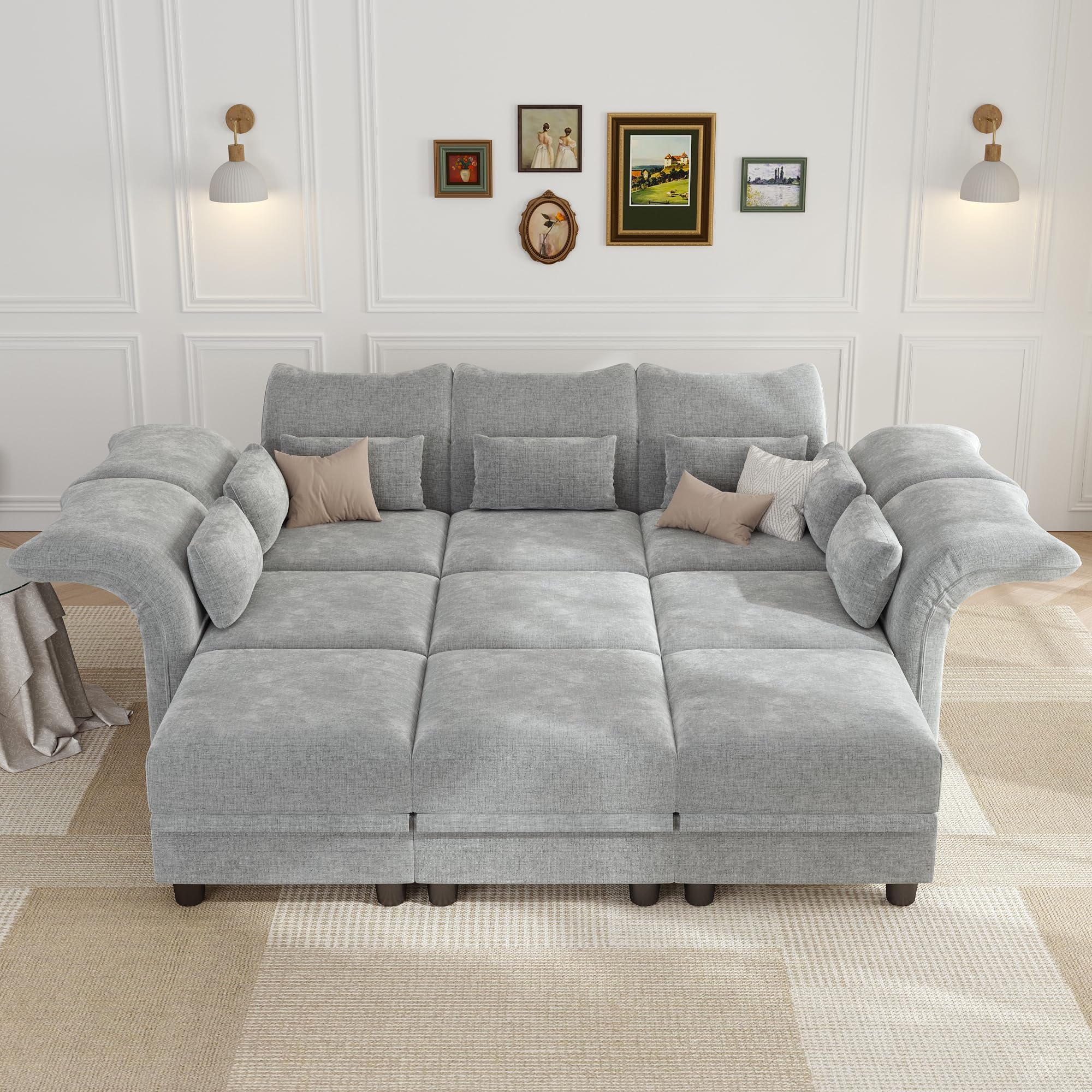LLappuil Modular Sectional Sofa - 12-Seat Velvet Sleeper With Storage & 9 Ottomans - Waterproof Anti-Scratch Grey Sofa