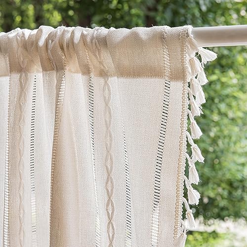 Miniatura 3 de Sutuo Home Cortina bohemia color marfil de 52 pulgadas de ancho x 18 pulgadas de largo, cenefa corta filtrante de luz a rayas blancas, 1 panel