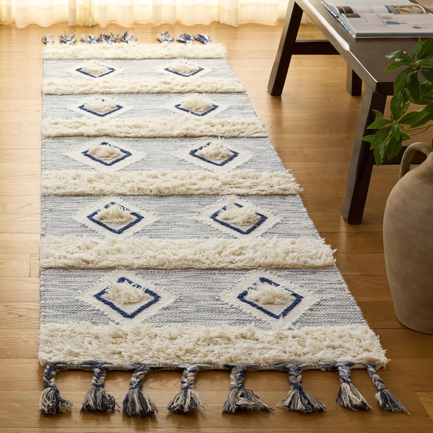 SAFAVIEH Natura Collection Runner Rug - 2'3" x 8', Ivory & Blue, Handmade Moroccan Boho Tassel Wool, Ideal for High Traffic Areas in Living Room, Bedroom (NAT678A)